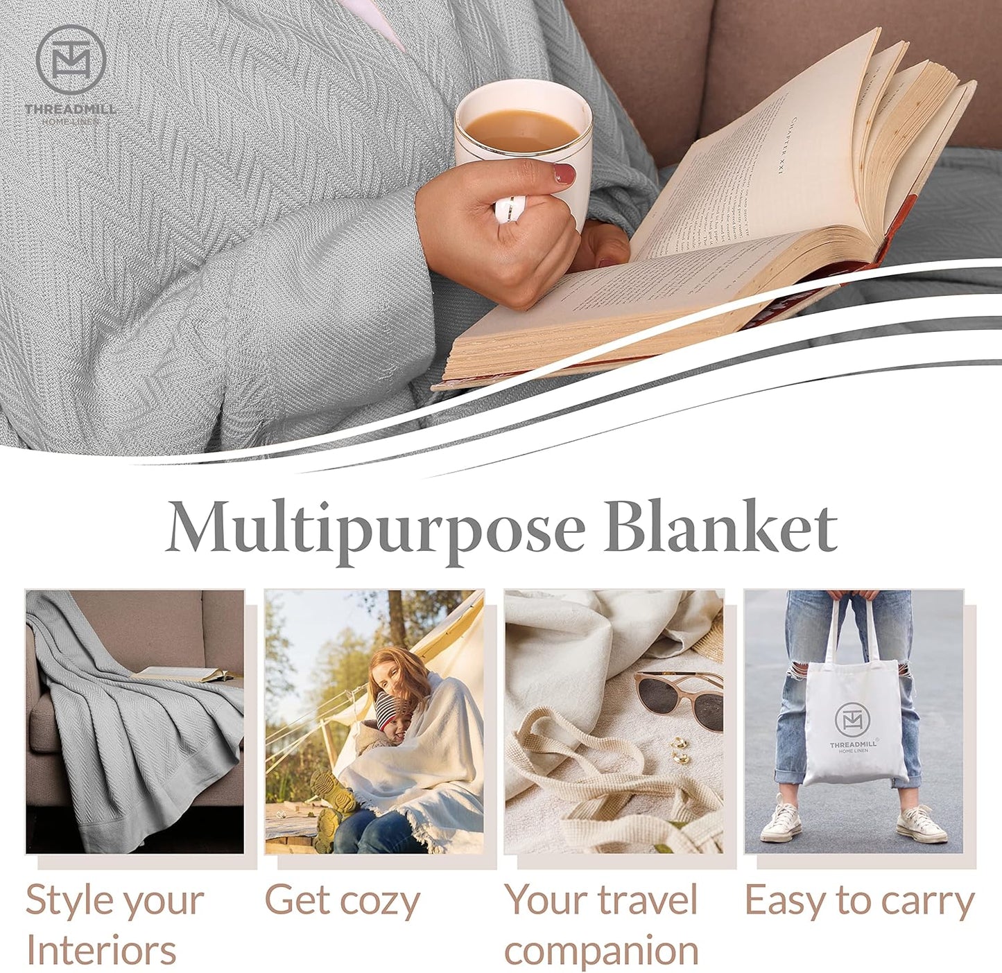 Threadmill Luxury Cotton Blankets for Twin Size Bed | All-Season 100% Cotton Twin Blanket for Bed | Herringbone Soft & Cozy Fall Thermal Blanket, 350GSM, 68x90 inches | Light Grey