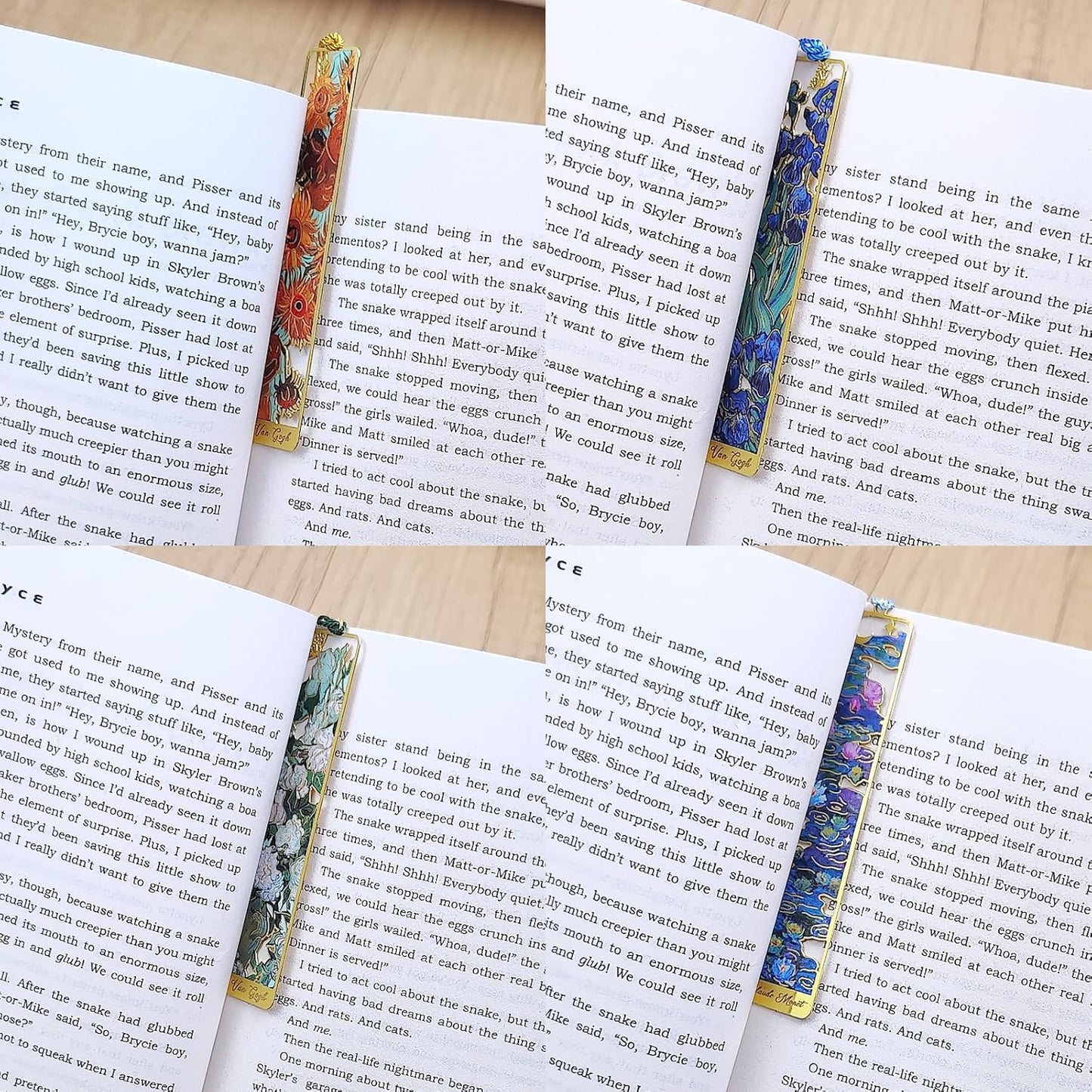 4 Piece Metal Bookmark Set, Vintage Van Gogh & Monet Oil Painting Theme with Tassels, Hollow Floral Design Aesthetic Reading Accessories for Women, Book Lovers Gifts for Readers