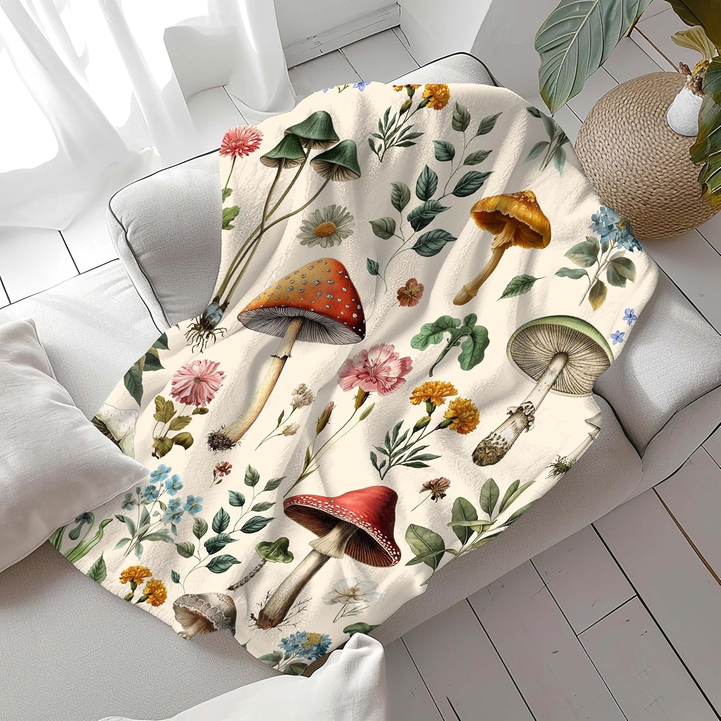 MASLEK Mushroom Floral Blanket Cozy Soft Flannel Throw Vintage Beige Botanical Nature Design Lightweight Warm Blanket for Couch Bed Sofa Gift for Women Men, 50x60 Inch