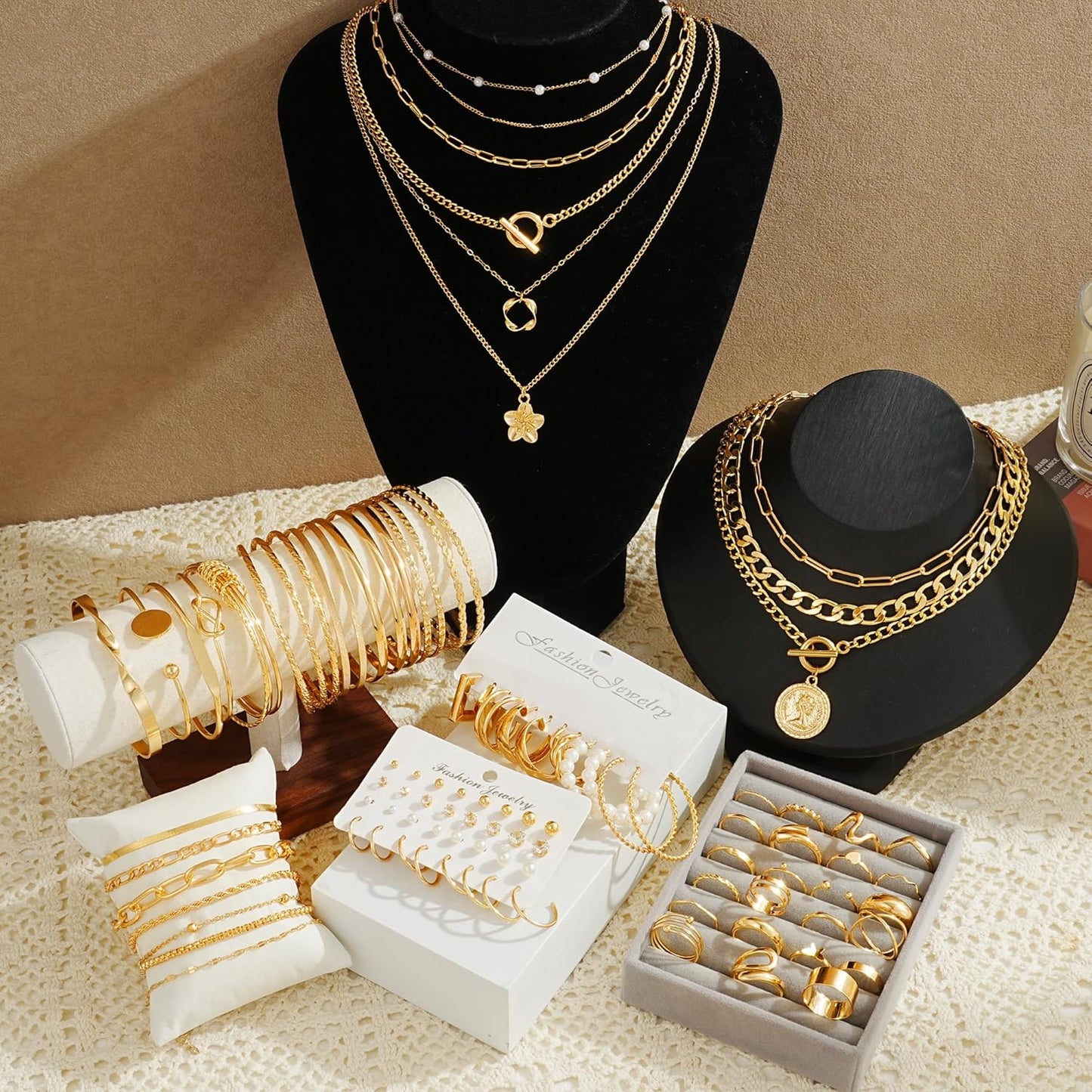 17 MILE 78 Pieces Gold Jewelry Set for Women, 9 Necklace, 24 Bracelet, 22 Earrings, 23 Knuckle Rings Gold Plated Jewerly set for Women Gift