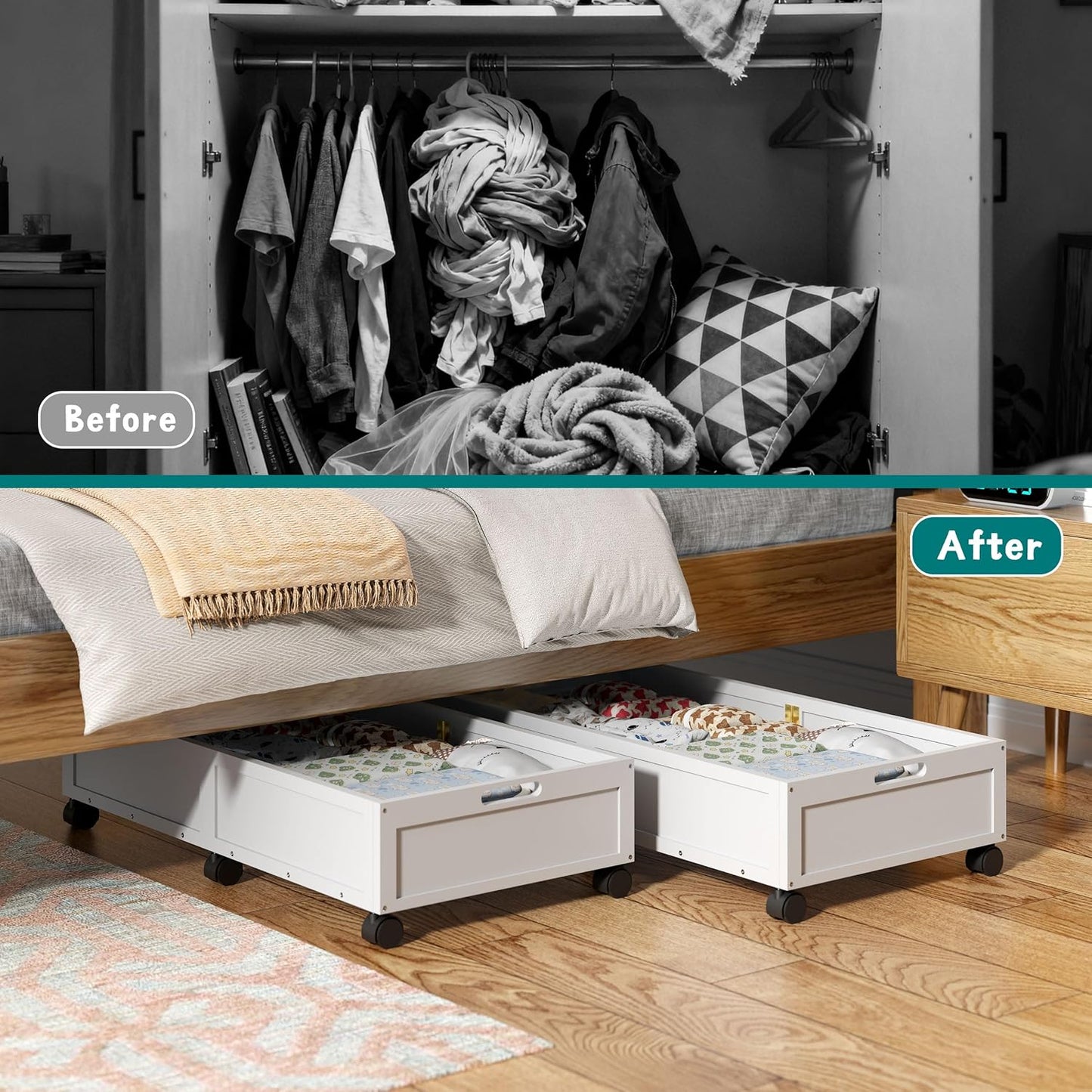 Wood Under Bed Storage Containers Underbed Organizer with Wheels Sturdy Wood Rolling Under Bed Shoe Storage Organizer 2 Packs (White, Large)