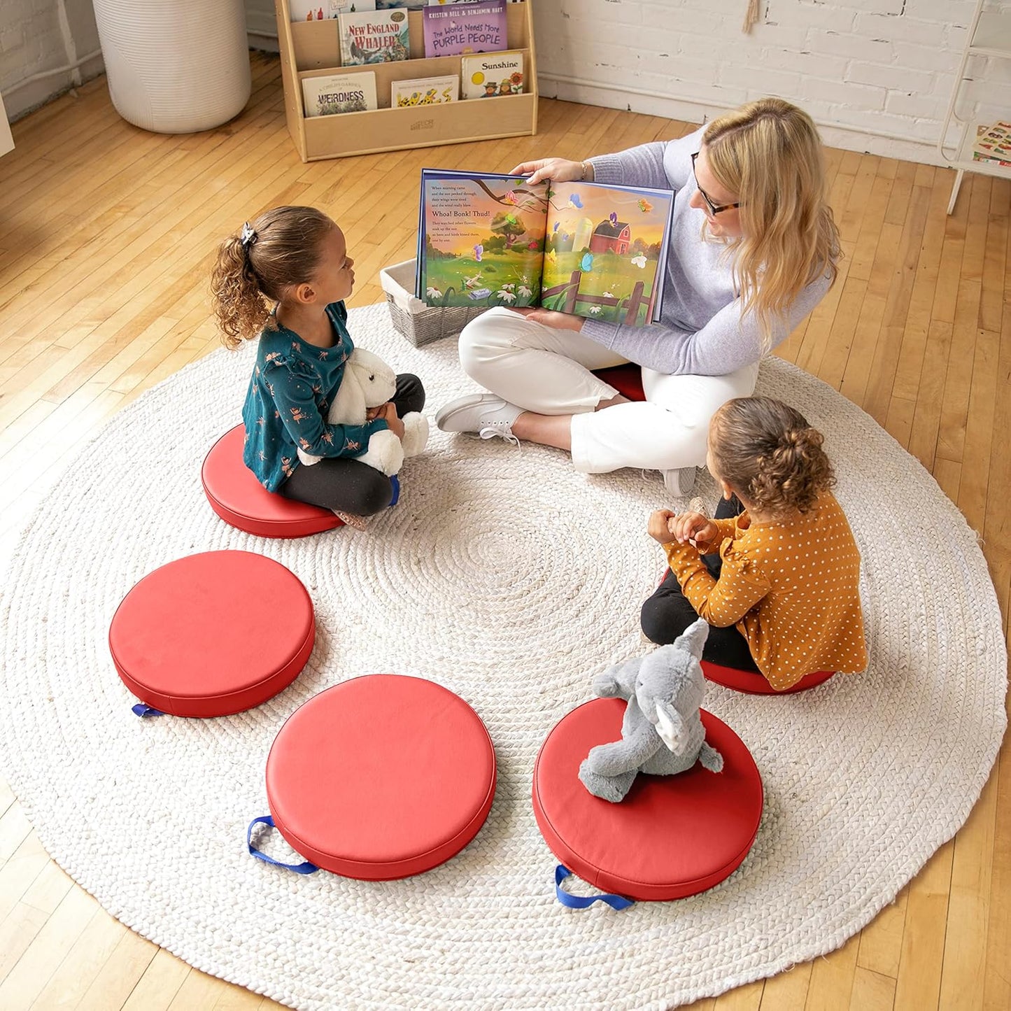 ECR4Kids SoftZone Floor Cushions, Round, Flexible Seating, Red, 6-Piece