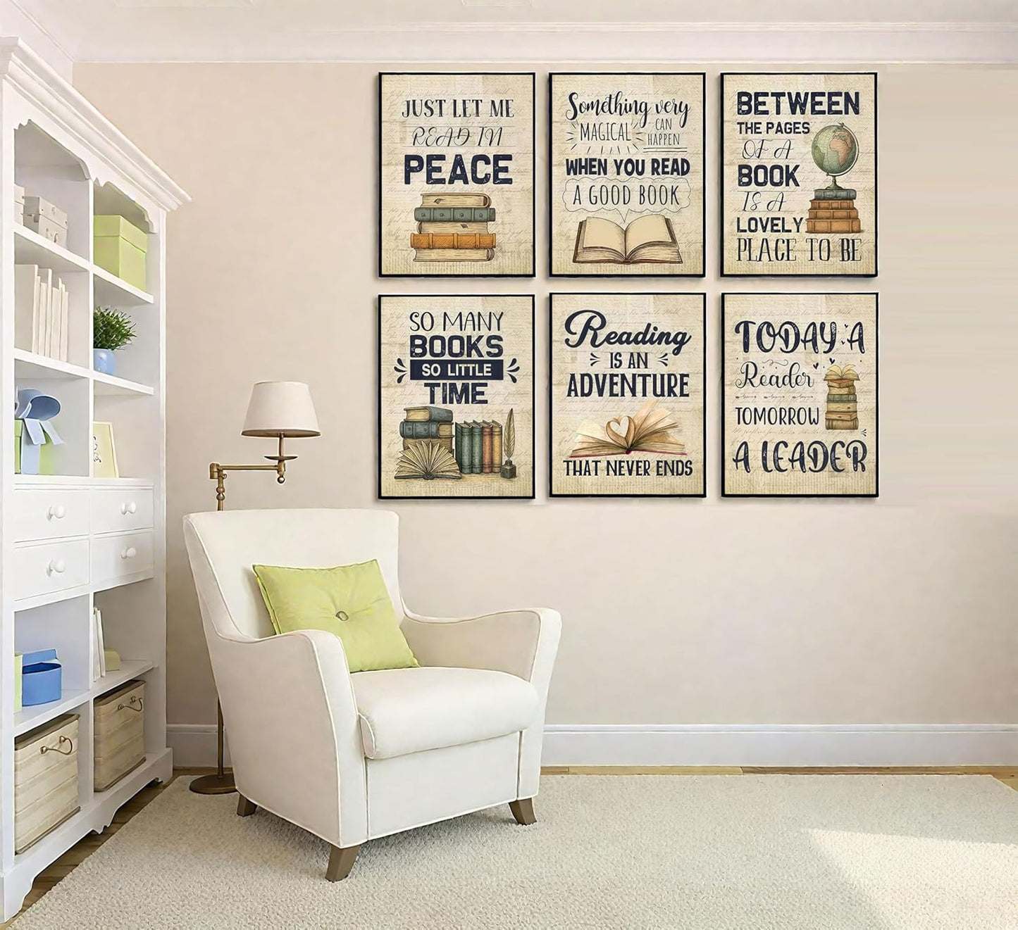 6Pcs Vintage Reading Comprehension Canvas Wall Art Retro Book Motivational Posters Prints Book Cover Wall Decor Pictures Artwork for Classroom Book Club Library Home Decoration 8''x10'' Unframed