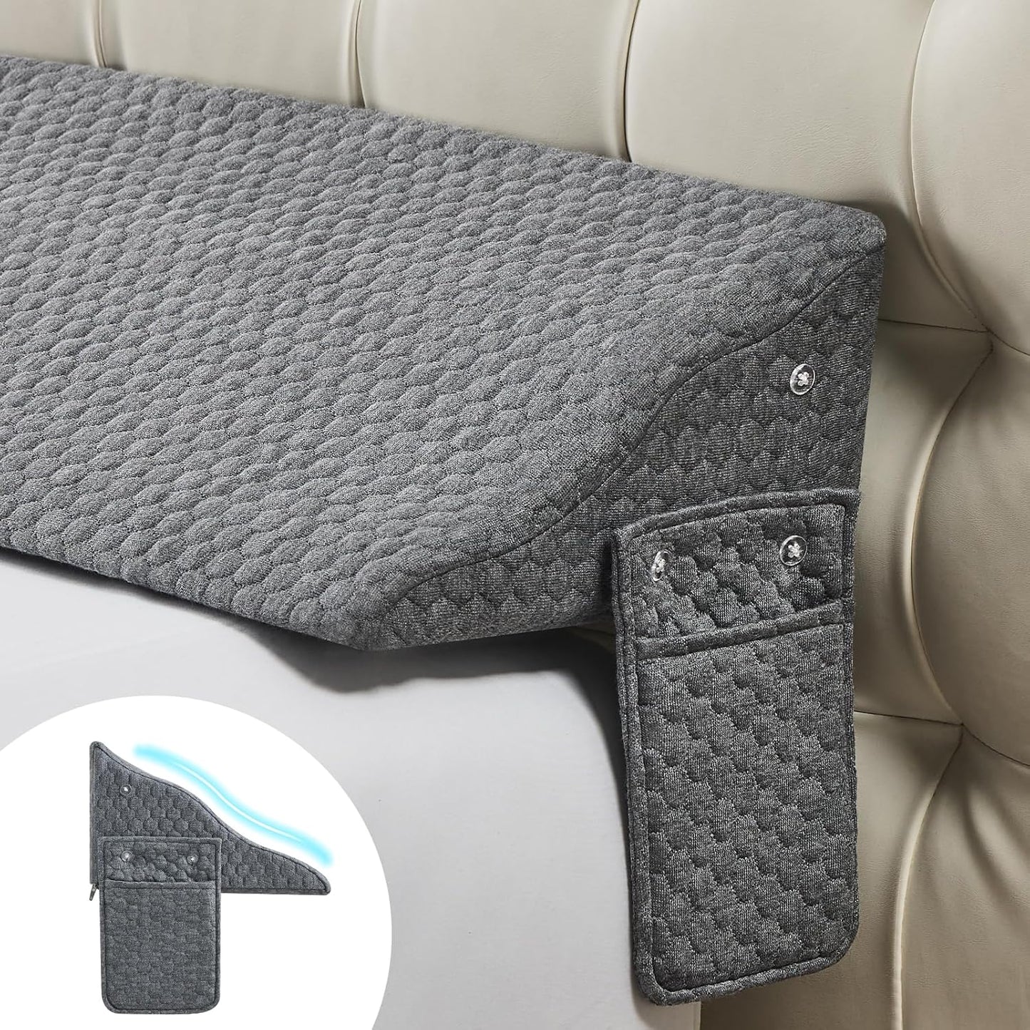 Yojoker Queen Size Bed Wedge Pillow for Headboard Gap, Wedge Pillow Headboard with Side Pockets and Wave Contour, High-Density Foam Bed Gap Filler (0-6"), 60x10x6 Inch, Gray