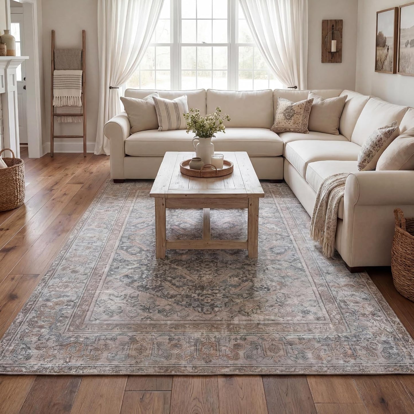 Kuden 4x6 Area Rug, Machine Washable Area Rug with Non-Slip Backing, Vintage Style, Soft, Easy Clean, Low Pile Rug for Living Room, Bedroom, Dining Room
