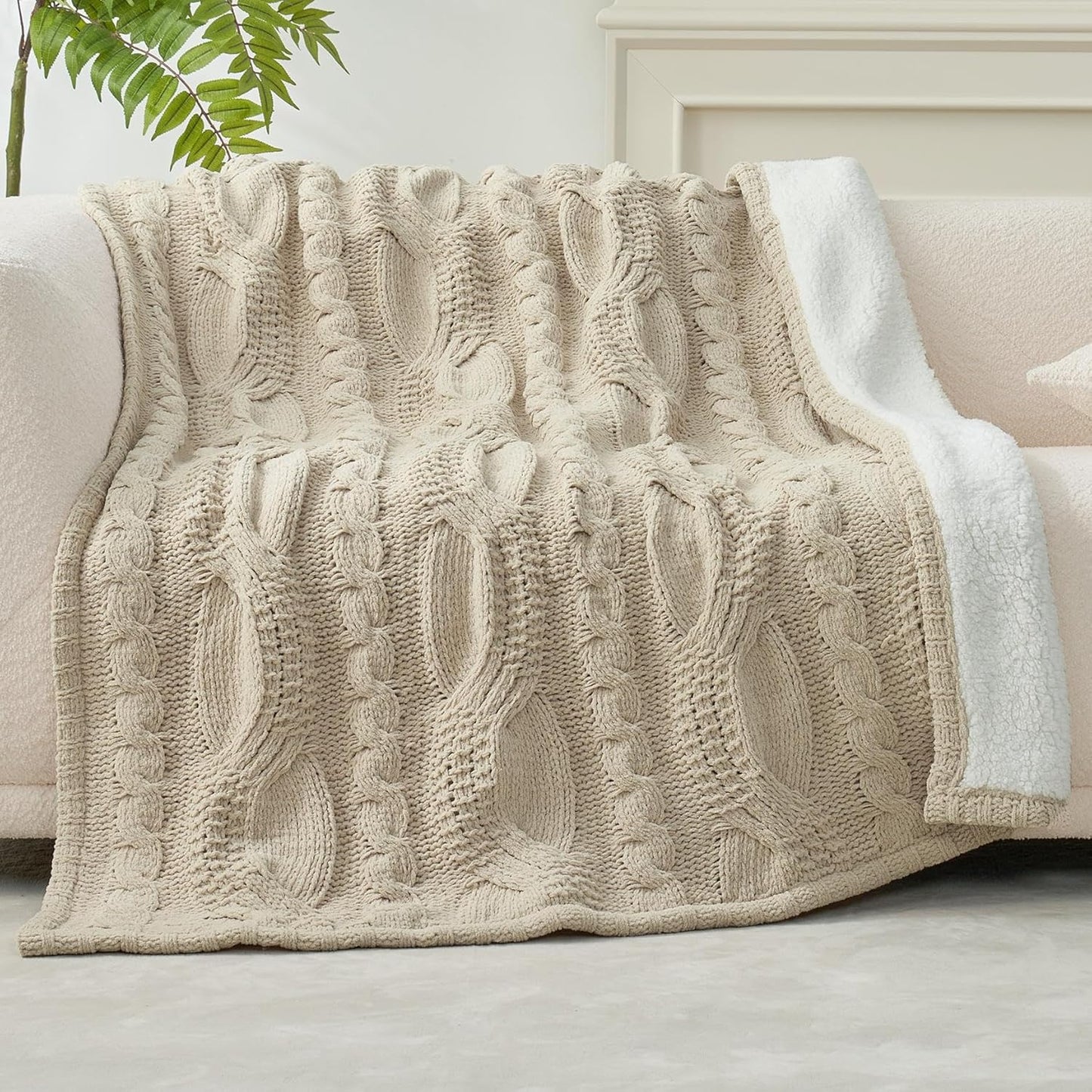 Amélie Home Cable Knit Throw Blanket for Couch, Chenille Sherpa Soft Cozy Throw Blankets for Sofa Chair Comfortable Home, 50"x60", Beige