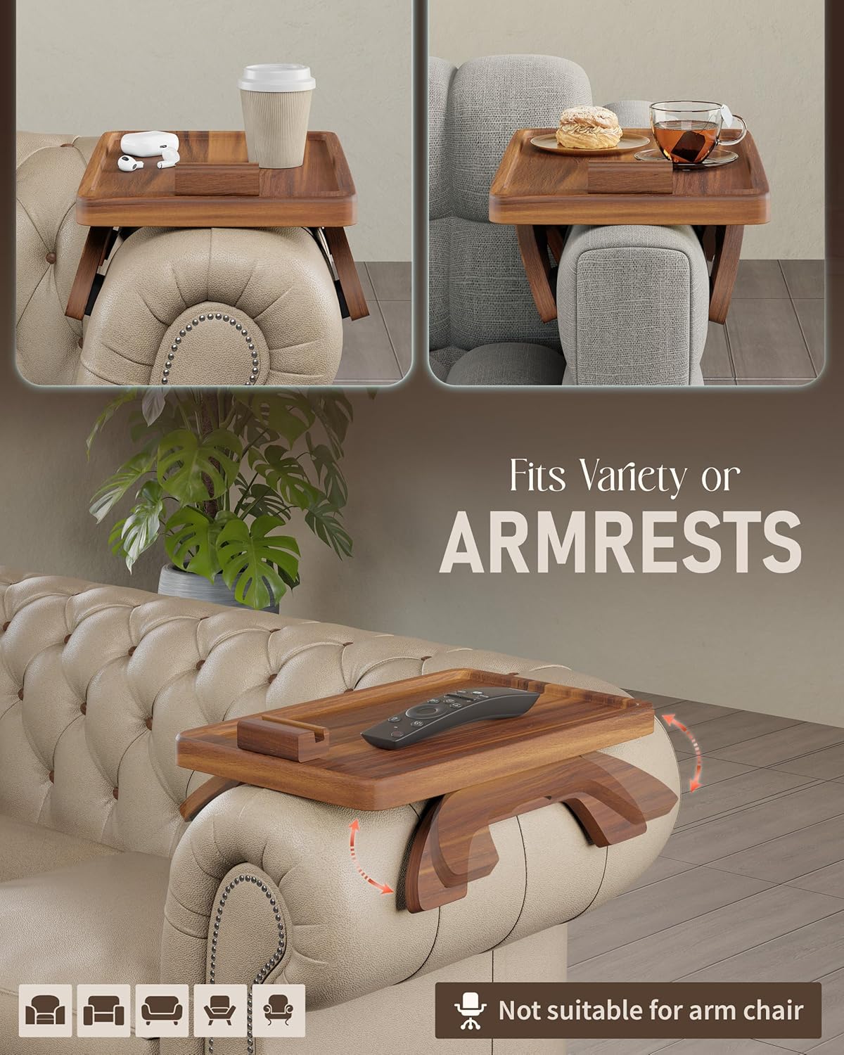 BLUEWEST Sofa Armrest Tray,15.4''x9.8'' Acacia Wood Couch Arm Clip on Tray Table with 360° Rotating Phone Holder –Fits Most Couch Arm Sizes–Non-Slip, Arm Table for TV Dinners, Remote, Drinks & Snacks