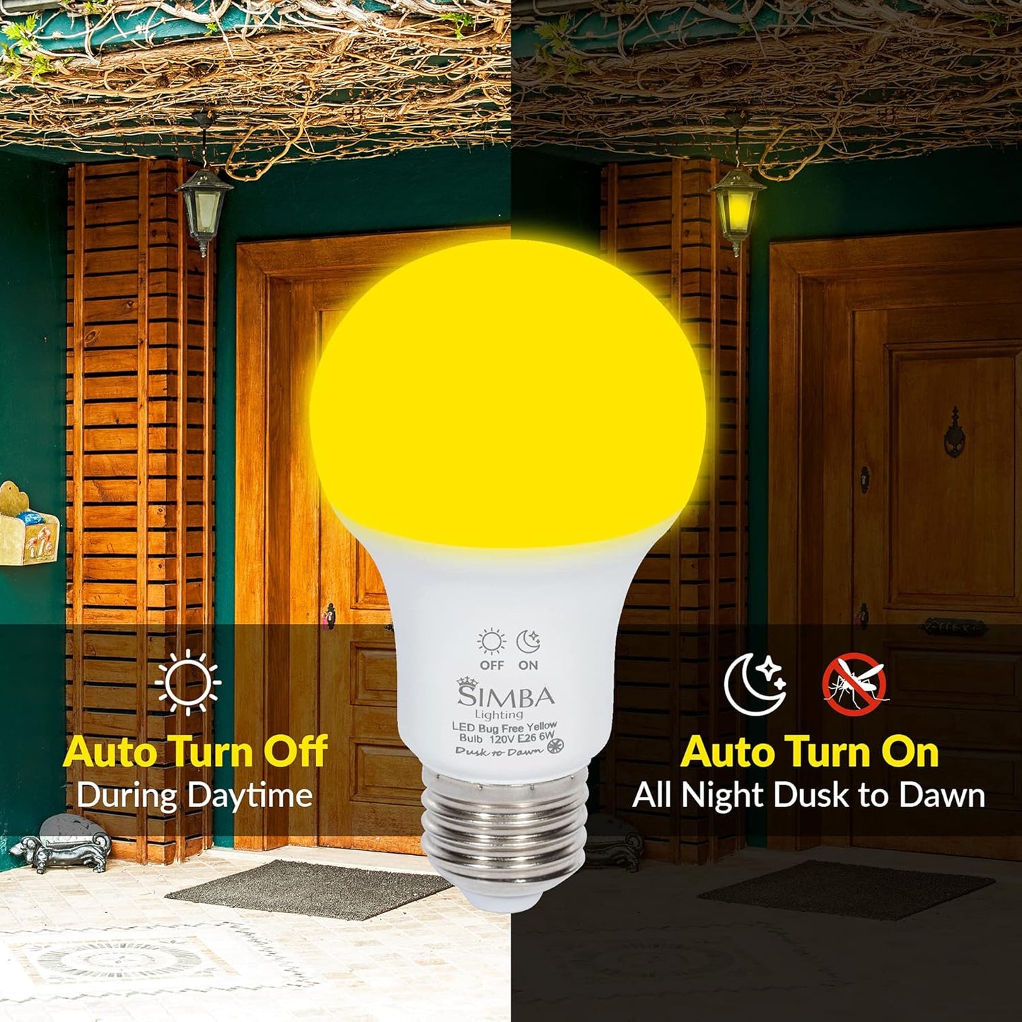 Simba Lighting Bug Non-Attracting Yellow LED Bulb 6W 40W Equivalent, Great for Outdoor Porch Light, Night Light, Dusk-to-Dawn Smart Sensor Auto On/Off, Amber Warm Light, A19 E26 Medium Base, Pack of 2