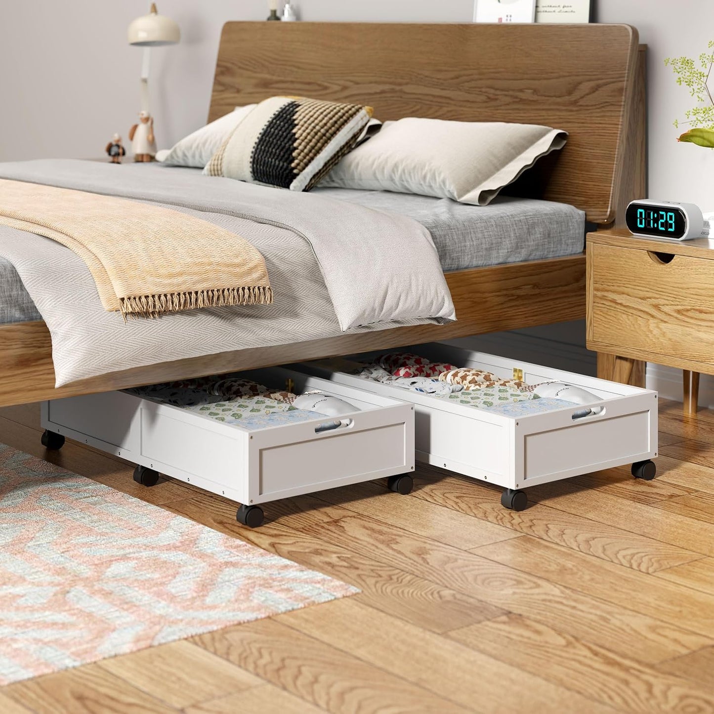 Wood Under Bed Storage Containers Underbed Organizer with Wheels Sturdy Wood Rolling Under Bed Shoe Storage Organizer 2 Packs (White, Large)