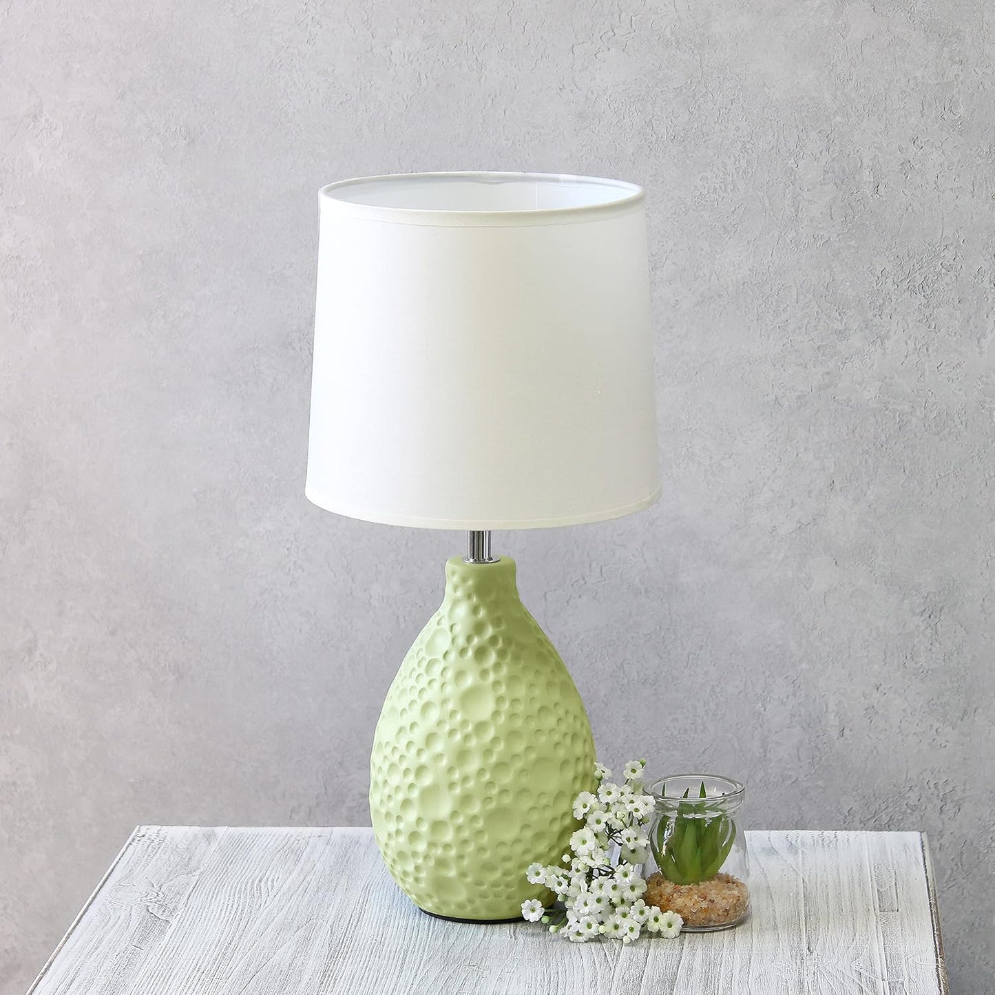 Simple Designs LT2003-GRN Textured Stucco Ceramic Oval Table Lamp with White Fabric Shade, Green