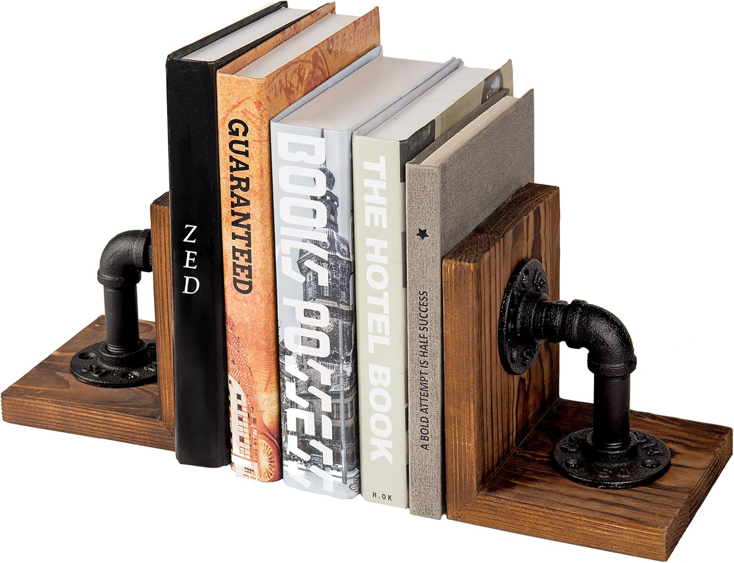MyGift Book Ends, Decorative Bookends, Heavy Duty Book Holders for Shelves, Rustic Wood with Realistic Industrial Pipe Design,Unique Ideas for Father's Day, Christmas