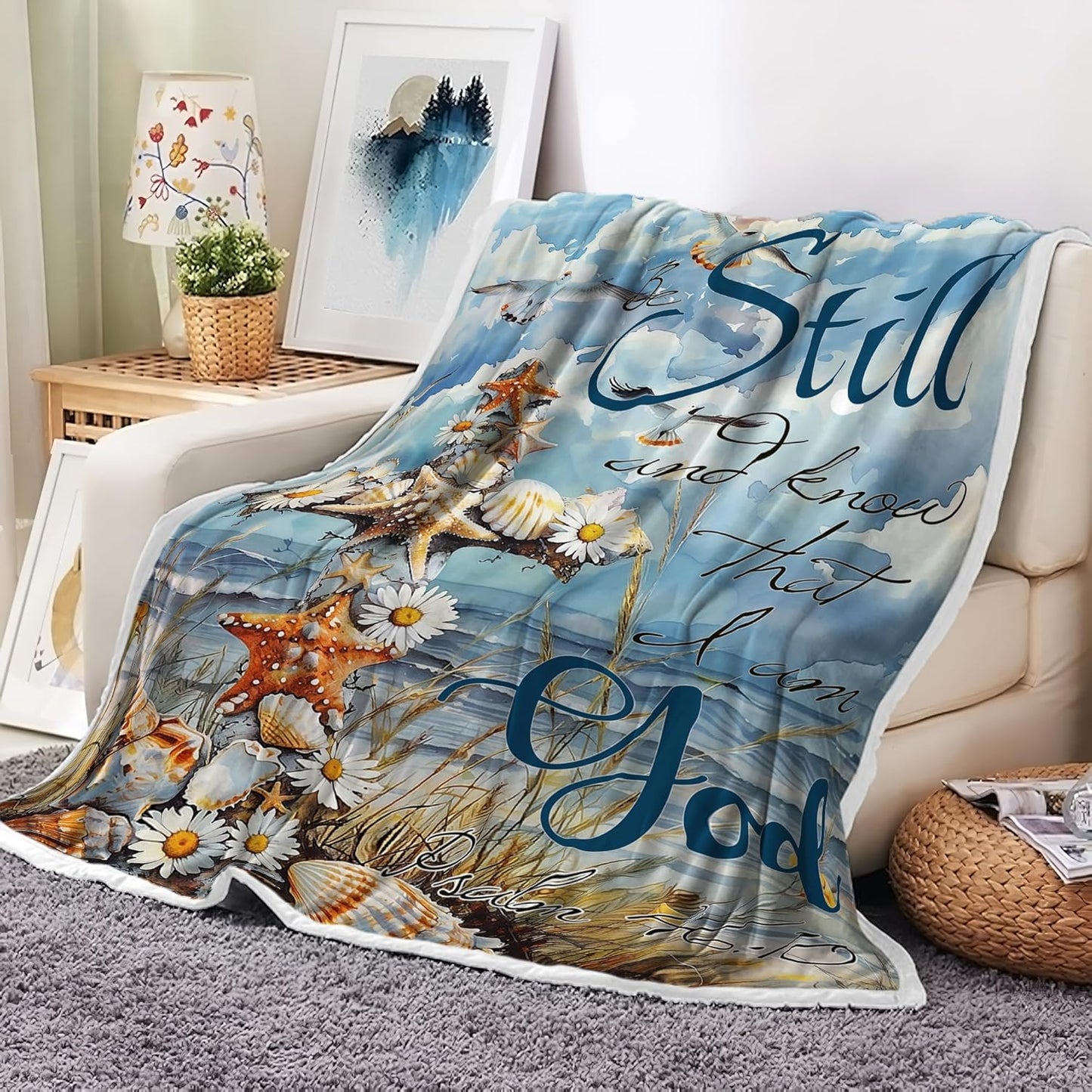 Christian Nautical Coastal Blanket , Bible Verse Inspirational Thoughts Christian Religious Men Women Throw Blankets, Birthday Starfish Seashell Coral Beach Cozy Sofa Couch Bed Room Decor 60X80in