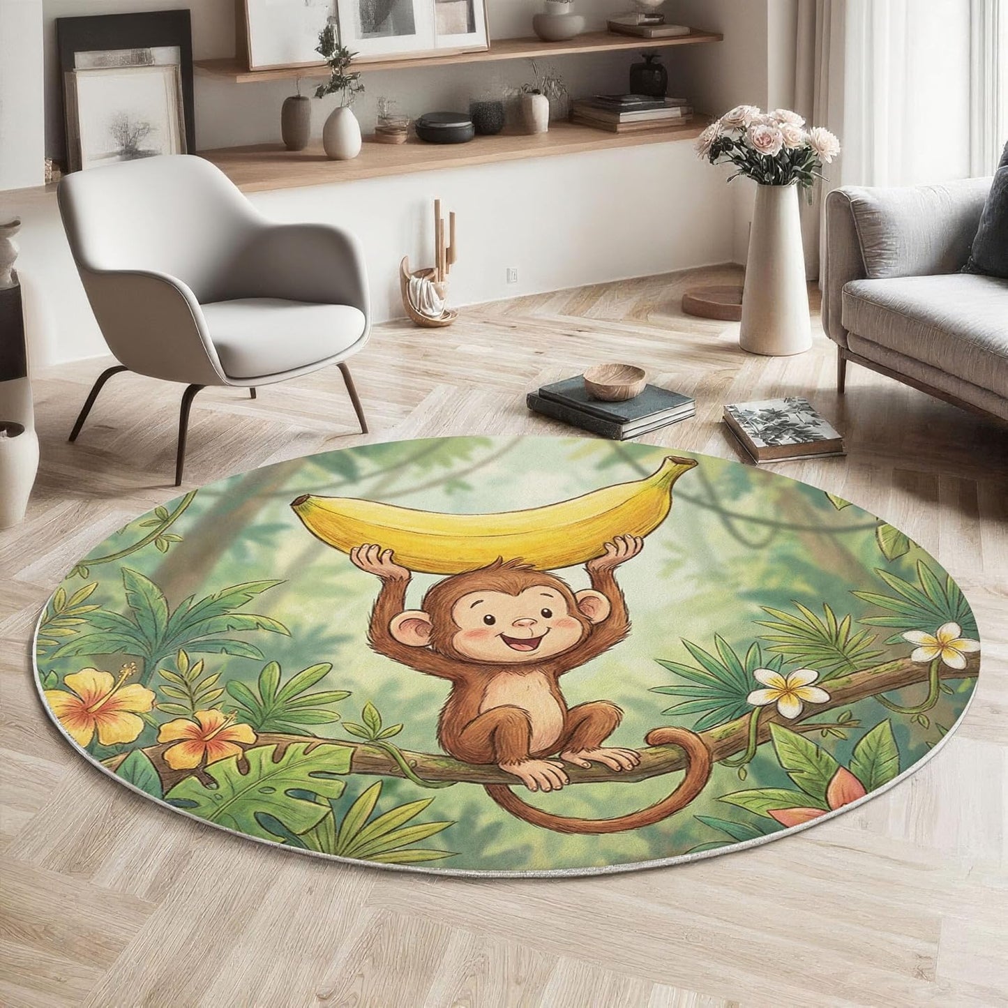 Round Rug for Kids Room, Cute Monkey Banana Round Rugs 3Ft, Tropical Plants Circle Rug, Forest Green Washable Circle Carpet for Living Room Bedroom, Non Slip Low Pile Thin Area Rugs