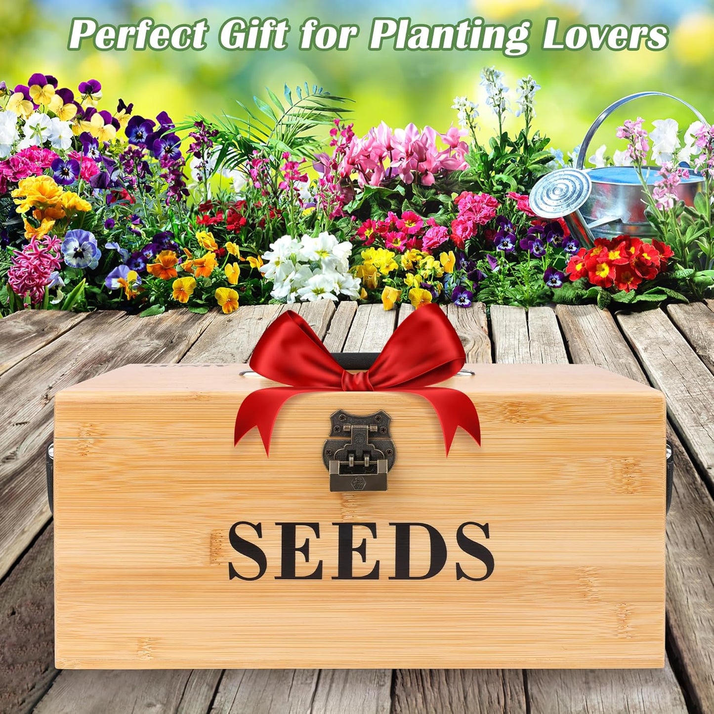 Luxiv Bamboo Seed Saving Box, Wood Seed Storage Organizer Box Large Seed Container with Lid Wood Garden Seed Bin with Lock, 3 Handle, 30P Envelope Seed Bags, 30P Plant Tags, 1 Double Side Pen