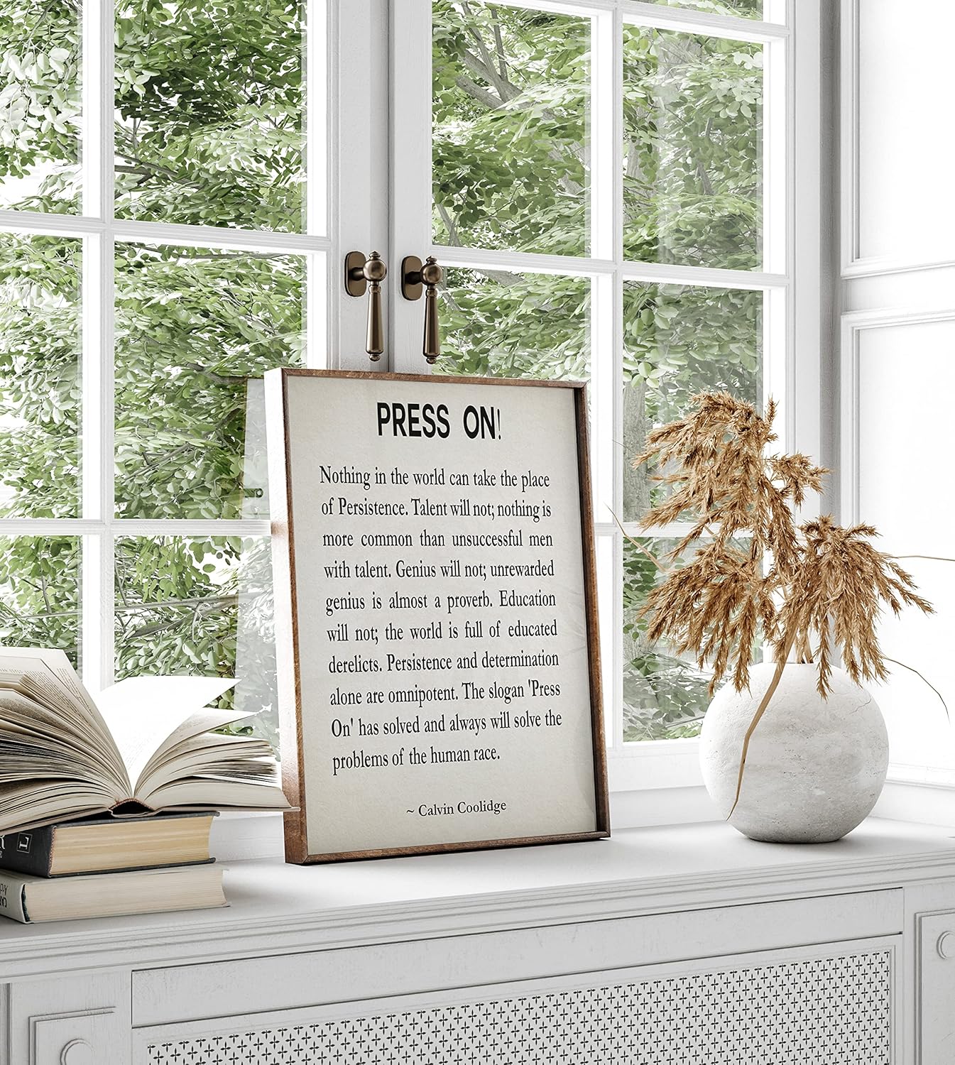 Press On Inspirational Wall Art by Calvin Coolidge Motivational Quote Home Decor Kitchen Office Artwork Best Inspiring Gift Idea for Men & Women Persistence Poster Decor (50cm x 70cm, Ivory)
