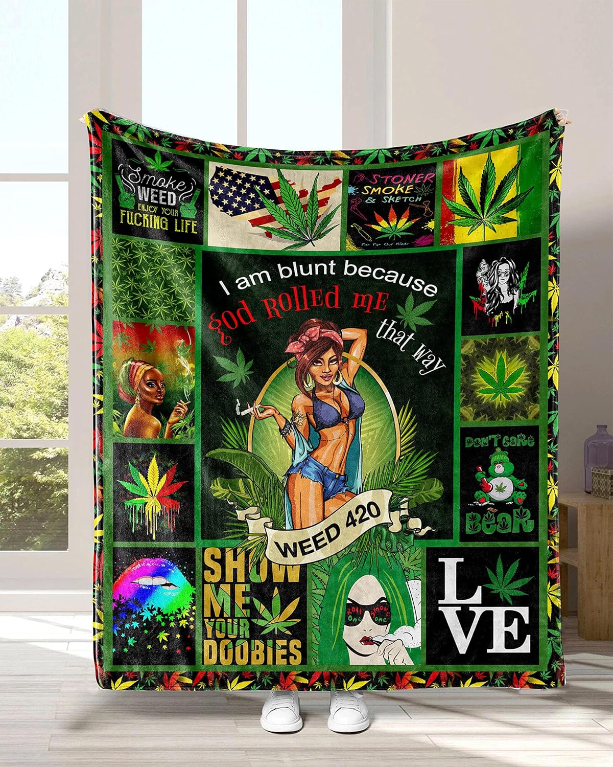 Socira Marijuana Gifts Flannel Sherpa Blanket - Large Leaf Soft Fleece Throw Blanket for All-Season, Weed Stuff Sheets 60''X80''