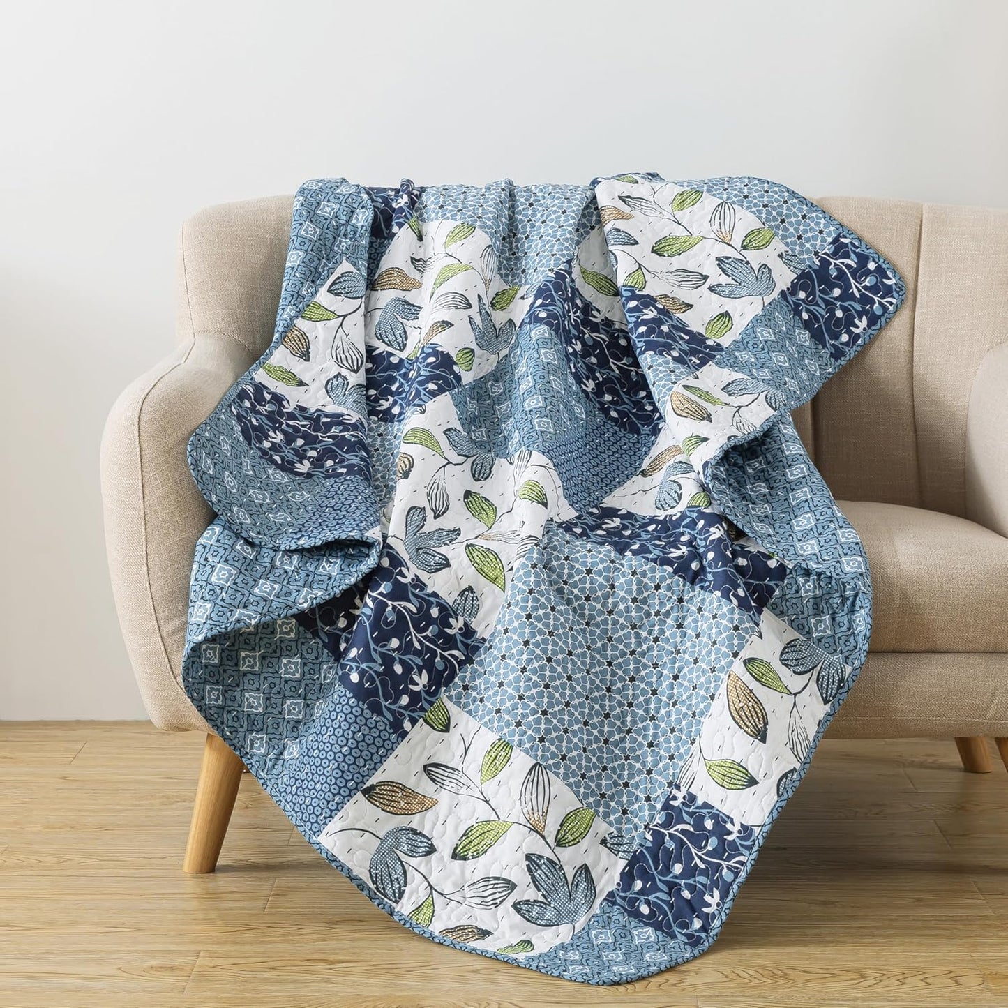 SLPR Pacific Coast 50" x 60" Quilted Throw Blanket, Blue and White Floral Patchwork Throw Quilt for Couch and Bed, Lightweight Lap Quilt