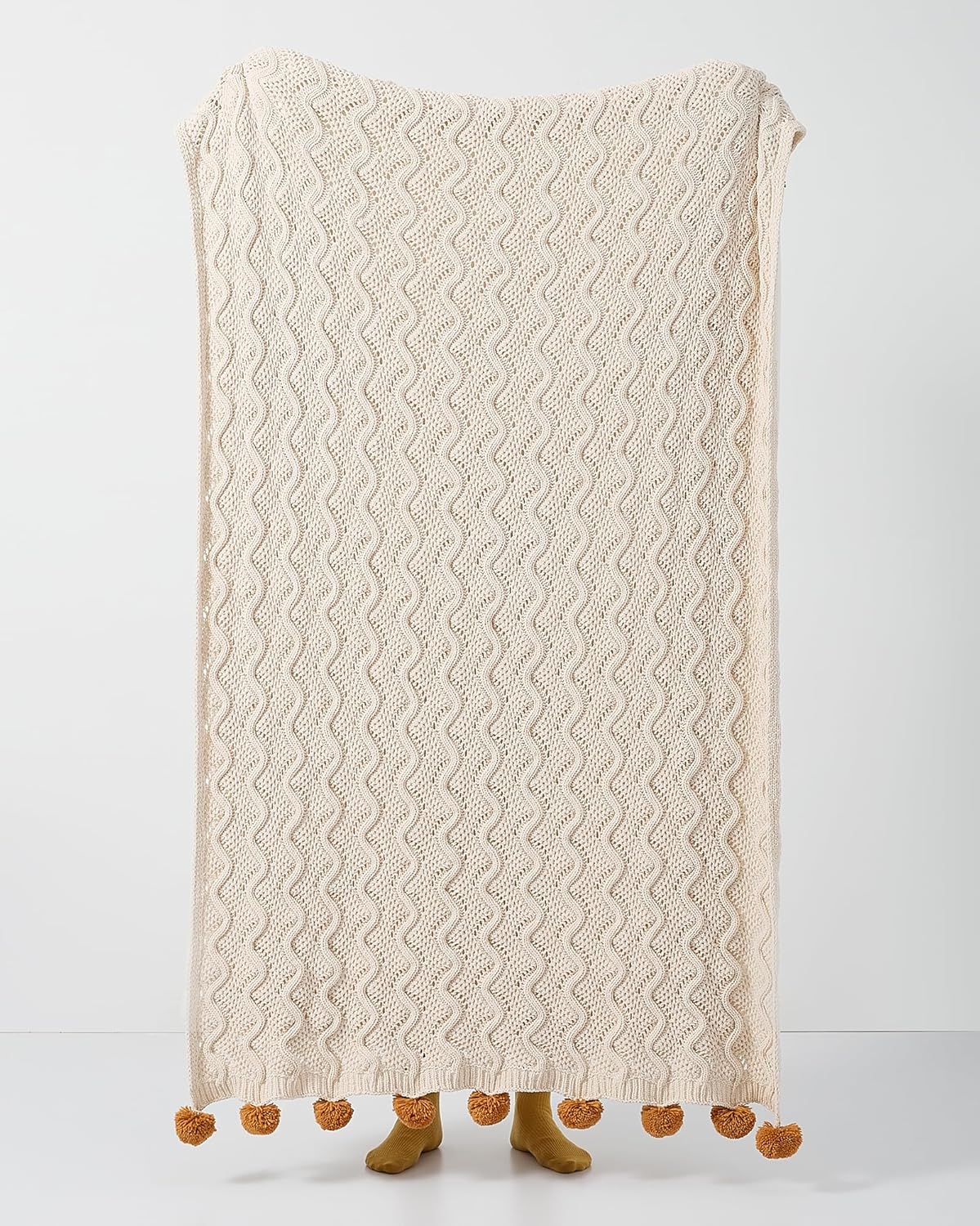 vctops Boho Chenille Knitted Throw Blanket for Couch Cute Pompom Soft Cozy Bed Blankets Decorative and Giftable Striped Blanket for Women, Men (Beige,51"x63")