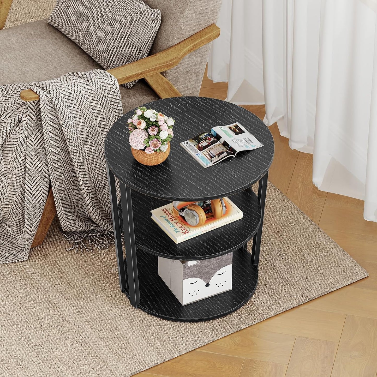 Round Side Table, 3-Tier Rotating Side Table, Big Shelf End Table Living Room with Lazy Susan, Nightstand for Small Spaces Living Room Bedroom Sofa, Pure Black