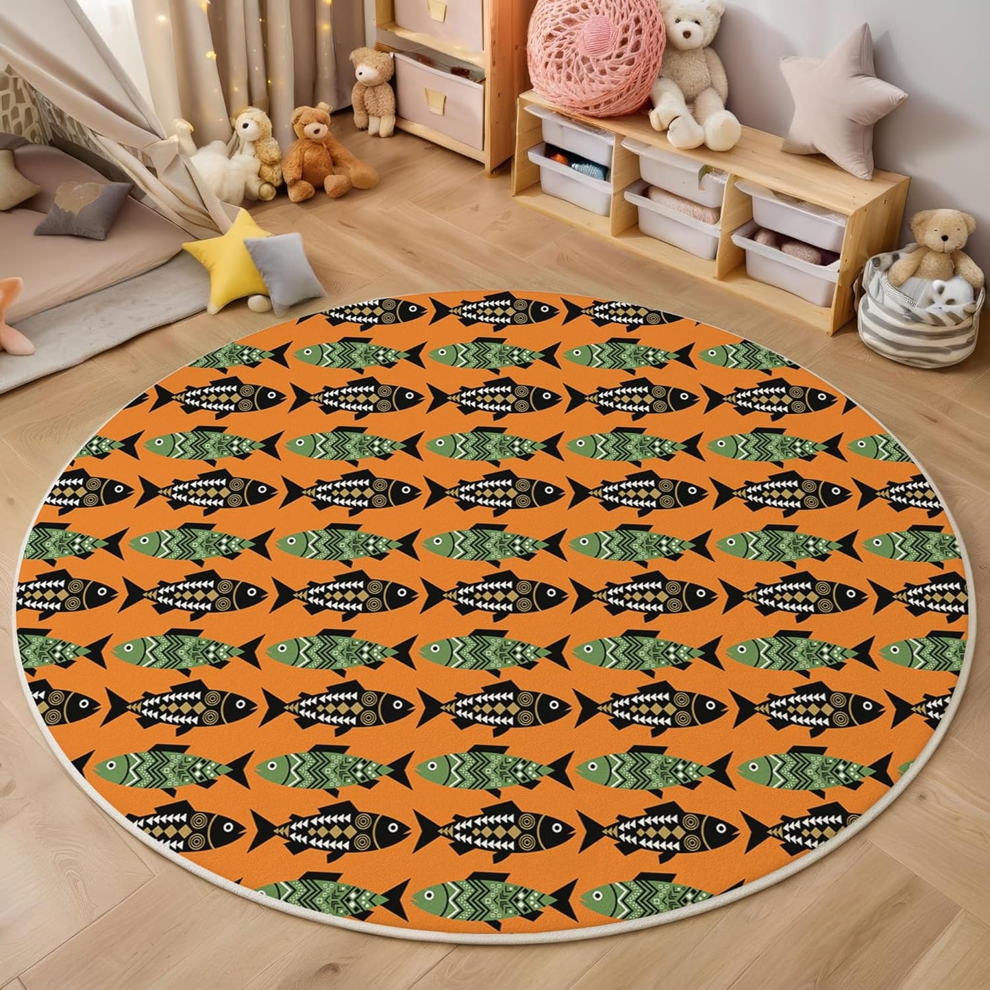 6Ft Round Washable Rug - Large Area Rug for Living Room Dining Room, Orange Soft Bedroom Carpet with Tribal-Style Fish Poster Pattern, Geometric Animals Décor, Low Pile Stain Resistant