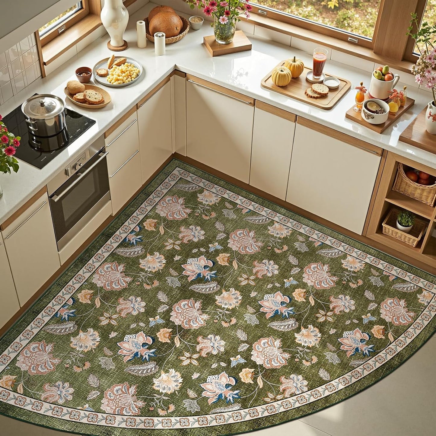 jinchan Elora Floral Corner Rug for Living Room Washable Bedroom Rug Vintage Romance Design Non Slip Quarter Circle Lightweight Low-Pile Throw Carpet for Reading Nook Playroom,6ft Radius, Green
