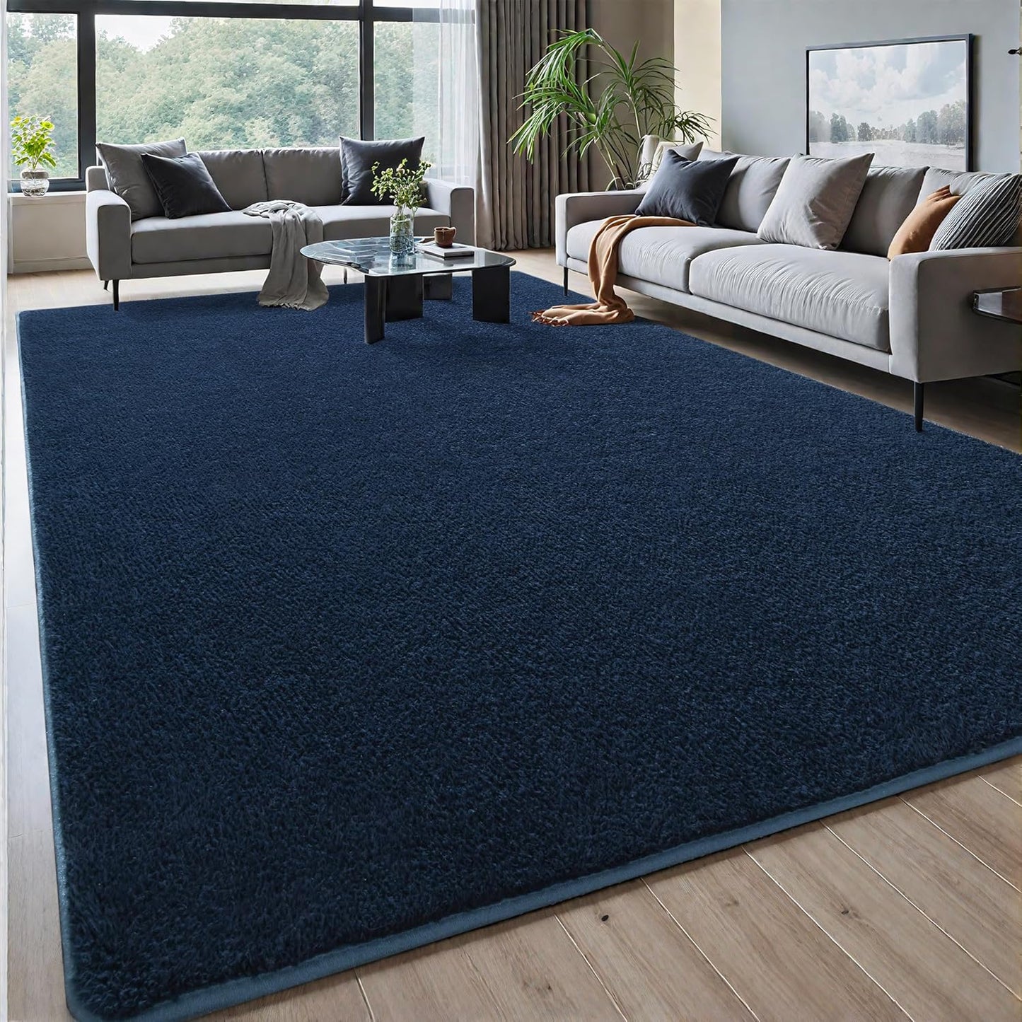 Foxmas 5x7 Area Rugs for Bedroom Living Room, Navy Blue Soft Thickened Memory Foam Carpet, Non-Slip Washable Indoor Modern Minimalist Shaggy Rug for Boys Girls Dorm Home Decor