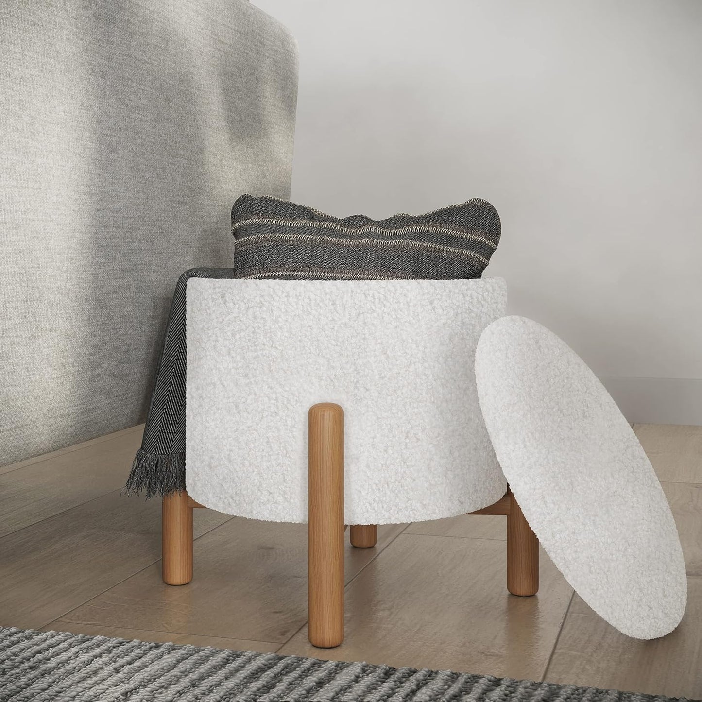 Round Sherpa Storage Ottoman Pouf with Removable Lid – Plush Couch Footrest & Hidden Organizer for Small Spaces, Dorm or Living Room by Lavish Home (White)
