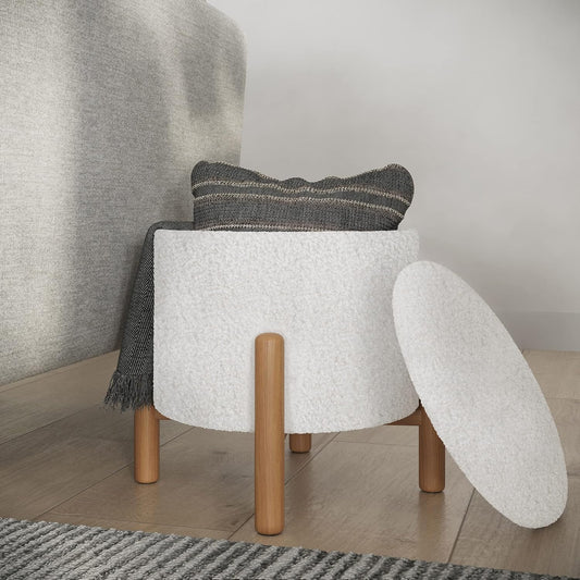 Round Sherpa Storage Ottoman Pouf with Removable Lid – Plush Couch Footrest & Hidden Organizer for Small Spaces, Dorm or Living Room by Lavish Home (White)