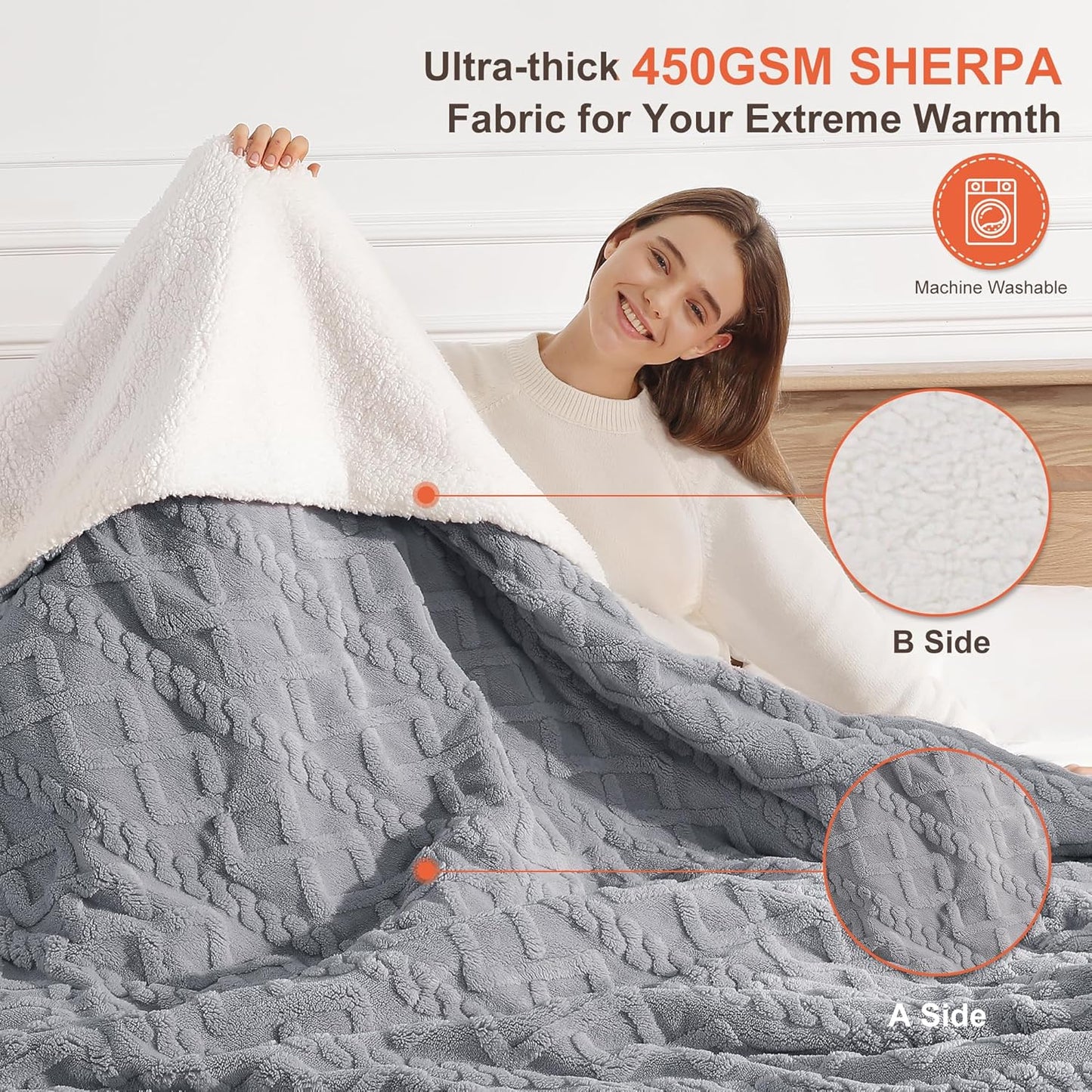 Heated Throw Blanket 50"x60" with 5 Heating Levels & 4 Hours Auto Off, Soft & Plush Sherpa Electric Blanket Throw with ETL & FCC Certification for Home Use, Machine Washable, Great Gift, Grey