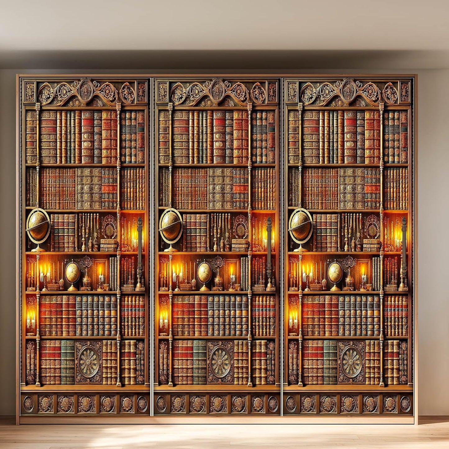 Vintage Bookshelf Door Sticker Classic Library Bookcase Mural Self Adhesive PVC Removable Door Decal for Home Office Bedroom Decoration 30.3 x 78.7 in