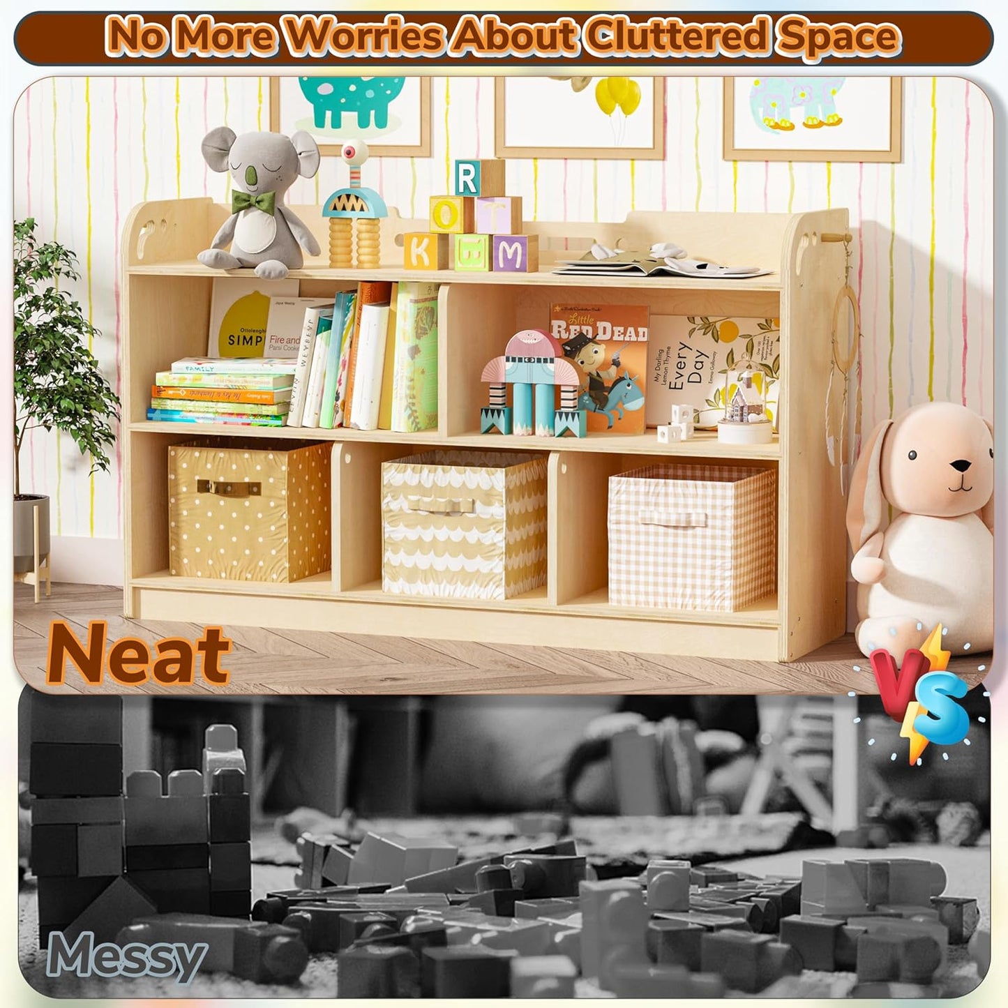 AMBIRD Wooden Kids Bookshelf, 5-Section Montessori Bookshelf, Toy Storage Organizer Cabinet, 2-Shelf Bookcase for Kids Room, Nursery, Classroom, Playroom, Living Room, Bedroom, Preschool