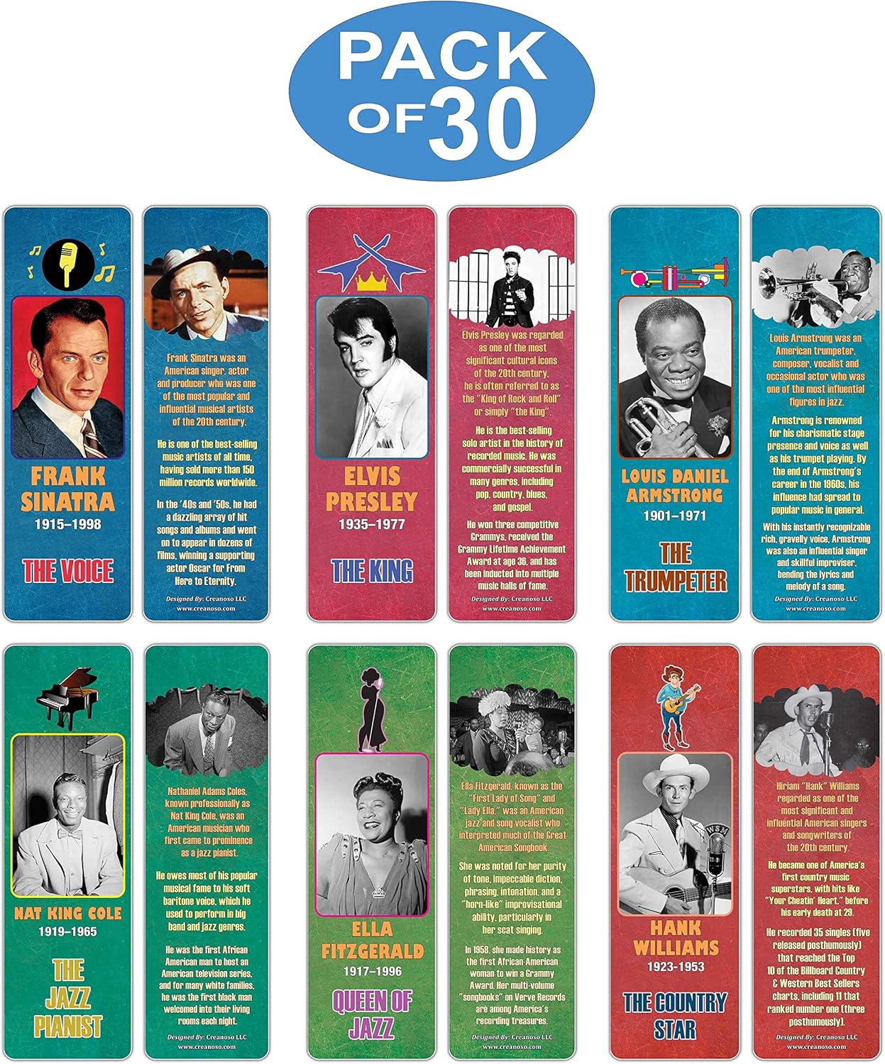 Creanoso Historical Fact American Famous Musicians Bookmark Cards (30-Pack) – Learning Reading Bookmarks Collection Set – Stocking Stuffers for Boys, Girls, Kids – Classroom Incentives - Gift Tokens