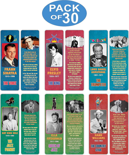 Creanoso Historical Fact American Famous Musicians Bookmark Cards (30-Pack) – Learning Reading Bookmarks Collection Set – Stocking Stuffers for Boys, Girls, Kids – Classroom Incentives - Gift Tokens