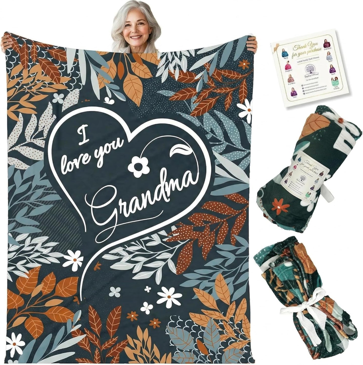 Grandma Gifts - I Love You Blanket for Grandmother, Soft Fleece Throw 65"x50" with Flowers Design, Mothers Day Birthday Gift from Grandchildren, Cozy Nana Throw Blanket