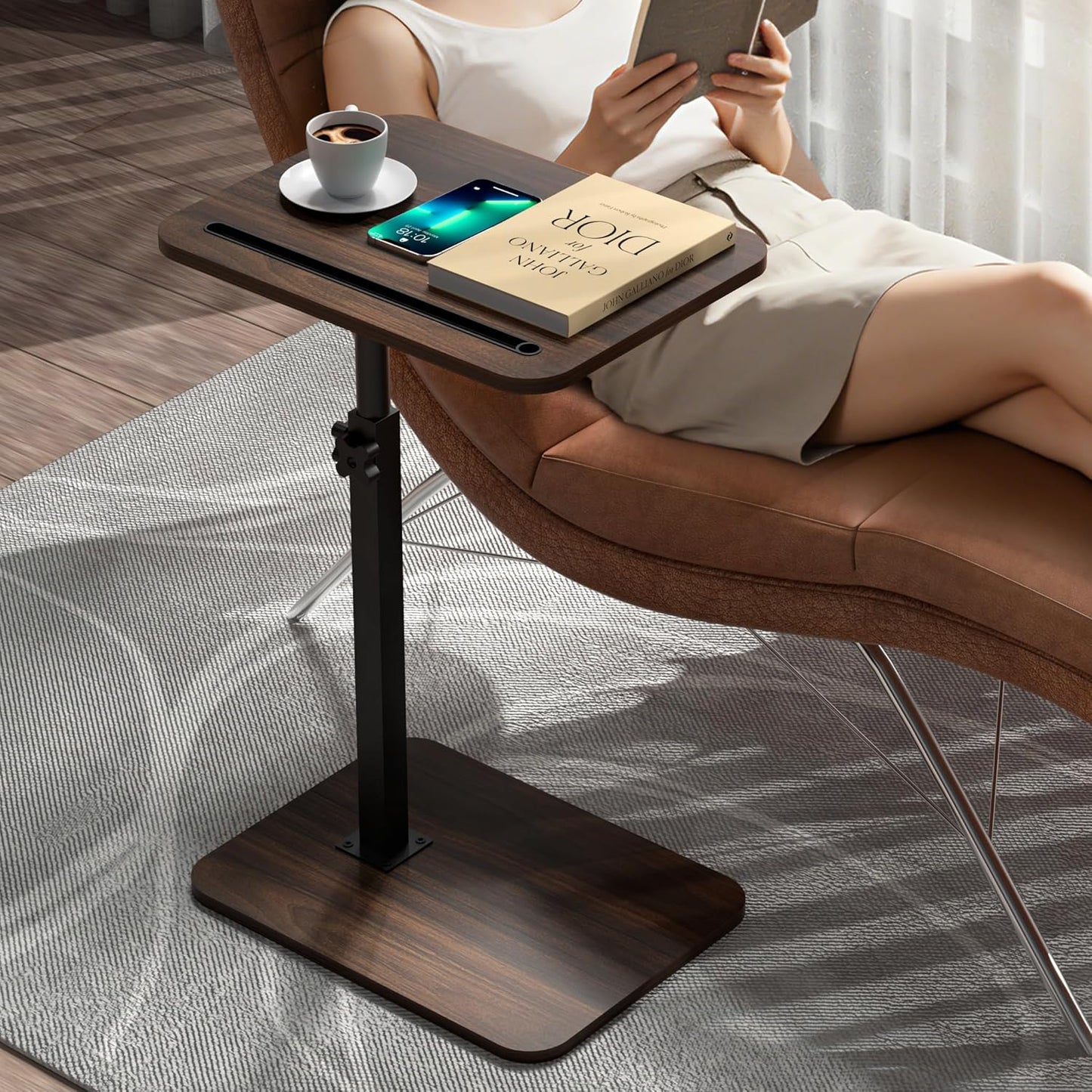 Side Table Sofa Tray for Couch - 360° Swivel Adjustable Height Rotating Sofa Table C Table End Table Laptop Desk with Phone & Tablet Slot, Perfect for Eating Working Reading, Fits Small Spaces