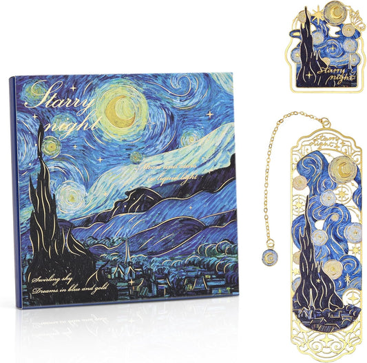 Luxury Metal Bookmark & Book Clip Gift Set, Oil Painting Themed Starry Night, 1 Bookmark with Pendant + 1 Book Clip, Elegant Christmas New Year Gift Box for Women Book Lovers Writers Readers Teens