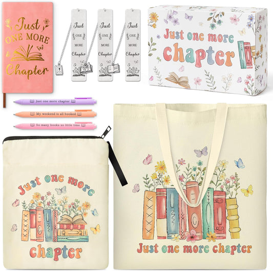 K1tpde Book Lover Gift for Women - 9PCS Retro Wildflower Bookworm Gift Set Canvas Tote Bag, Book Cover Sleeve, Notebook, Ballpoint Pen and Bookmark, Birthday Bookish Present Book Accessories for Women