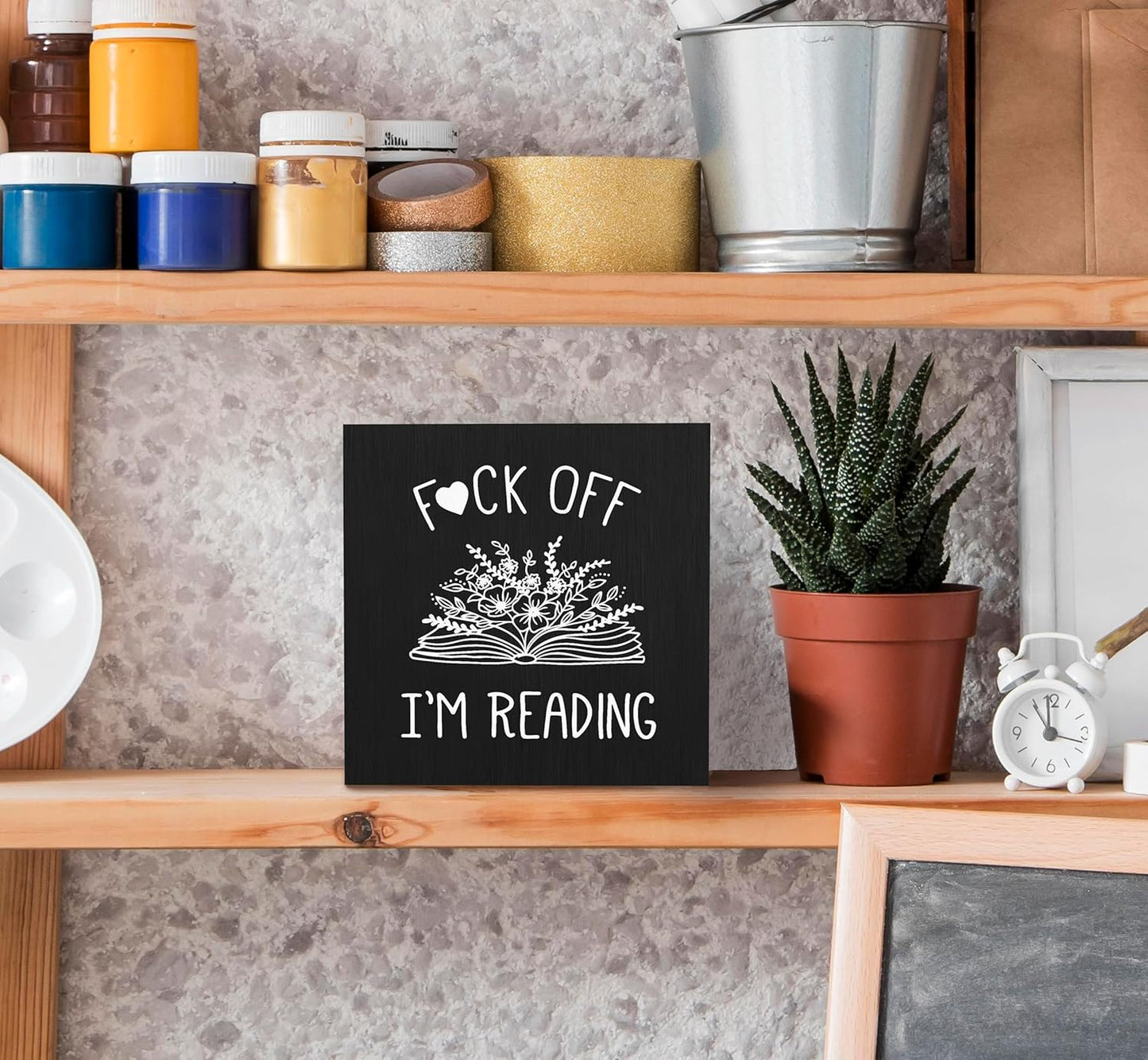 SRADMO I'm Reading Minimalist Floral Book Wood Box Sign Desk Decor, Black Inspirational Reading Wooden Block Box Sign Decoration for Home Reading Room Library Shelf Table Decorative Accessories