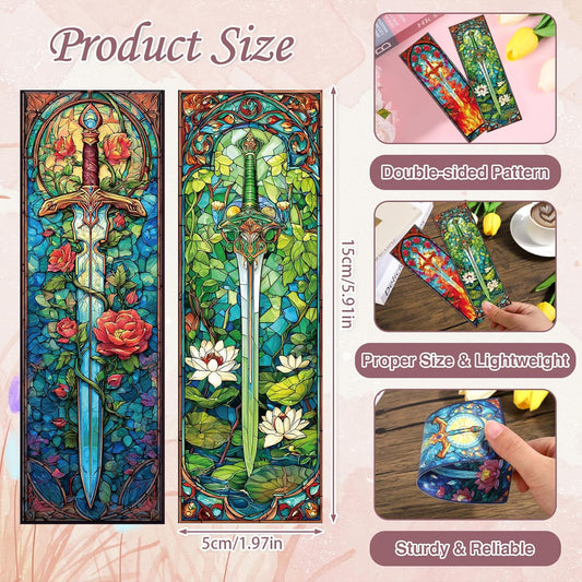 Stained Glass Sword Bookmarks - 100 Pcs Cool Fantasy Bookmark Unique Sword Flower Book Marks Book Markers Page Clip GIFS for Women Men Teens Students Teacher Reading Bookworm Bookish