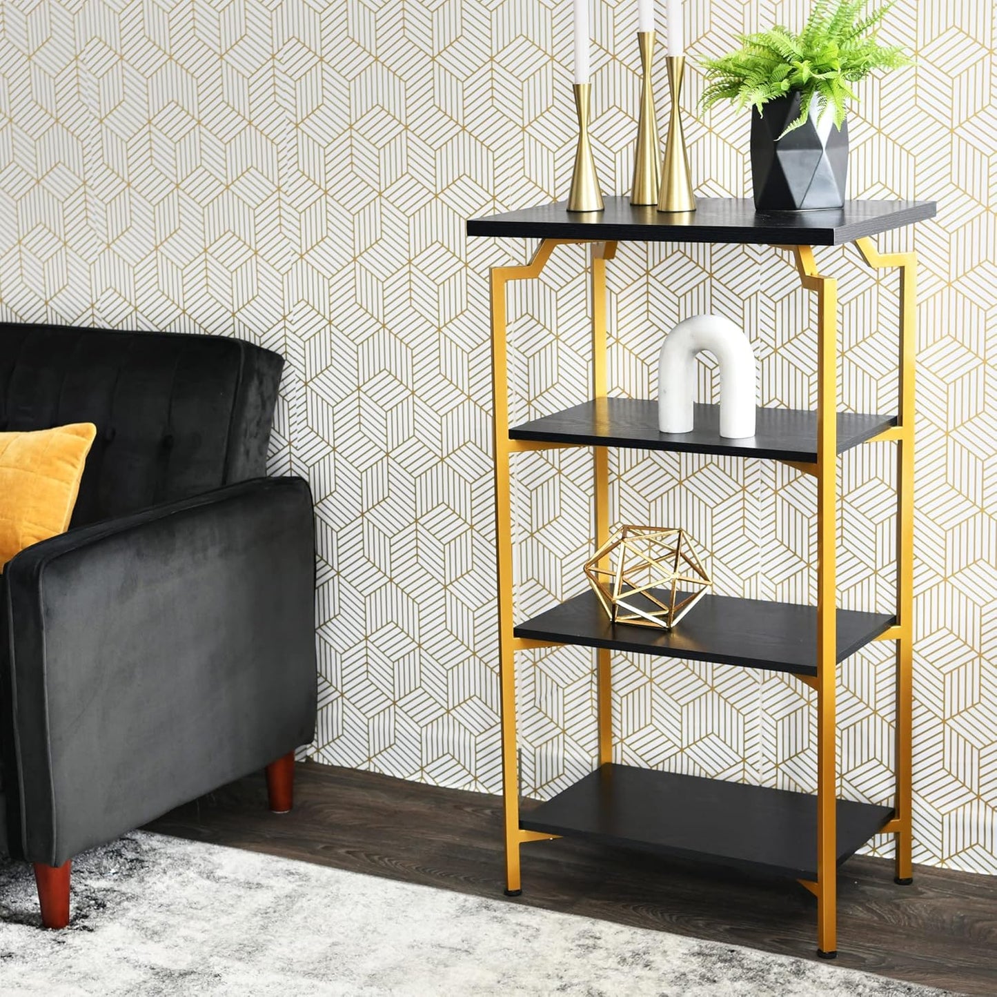 Household Essentials Crown Narrow 4 Shelf Open Storage Bookshelf Black Oak Wood Grain and Gold Metal