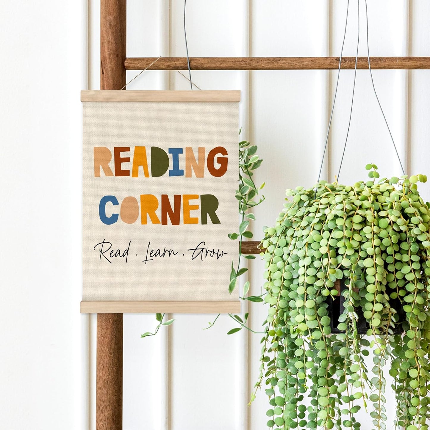 MAQIKA Reading Corner Poster Framed with Wood Hanger, Kids Reading Nook Hanging Wall Decor, Nursery Library Sign Canvas Wall Art Paint for Playroom School 12x16