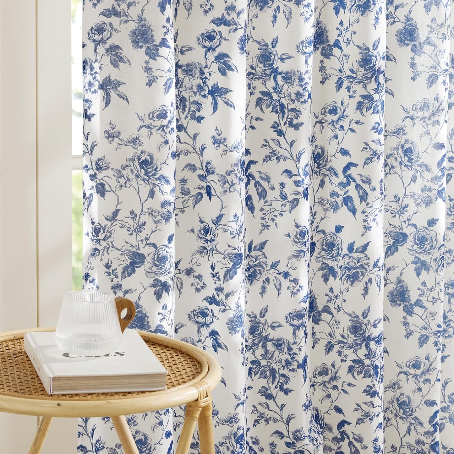 NICETOWN Blue Floral Curtains for Kitchen & Nursery, Linen Blend Drapes with Vintage Peony, Privacy & Light Filtering Inspired by British Museum's Blue & White Porcelain, W52 x L63 in, 2 Panels