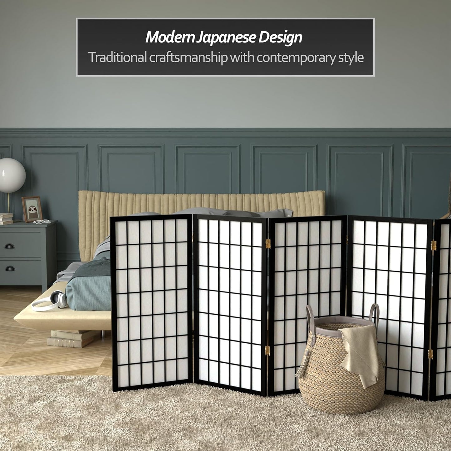 3 ft. Short Window Pane Shoji Screen - Black - 5 Panels