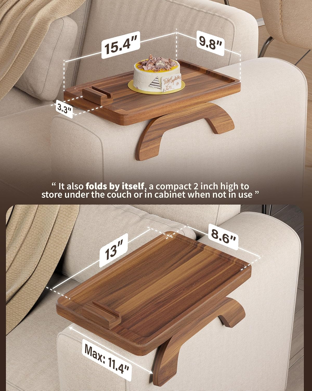 BLUEWEST Sofa Armrest Tray,15.4''x9.8'' Acacia Wood Couch Arm Clip on Tray Table with 360° Rotating Phone Holder –Fits Most Couch Arm Sizes–Non-Slip, Arm Table for TV Dinners, Remote, Drinks & Snacks