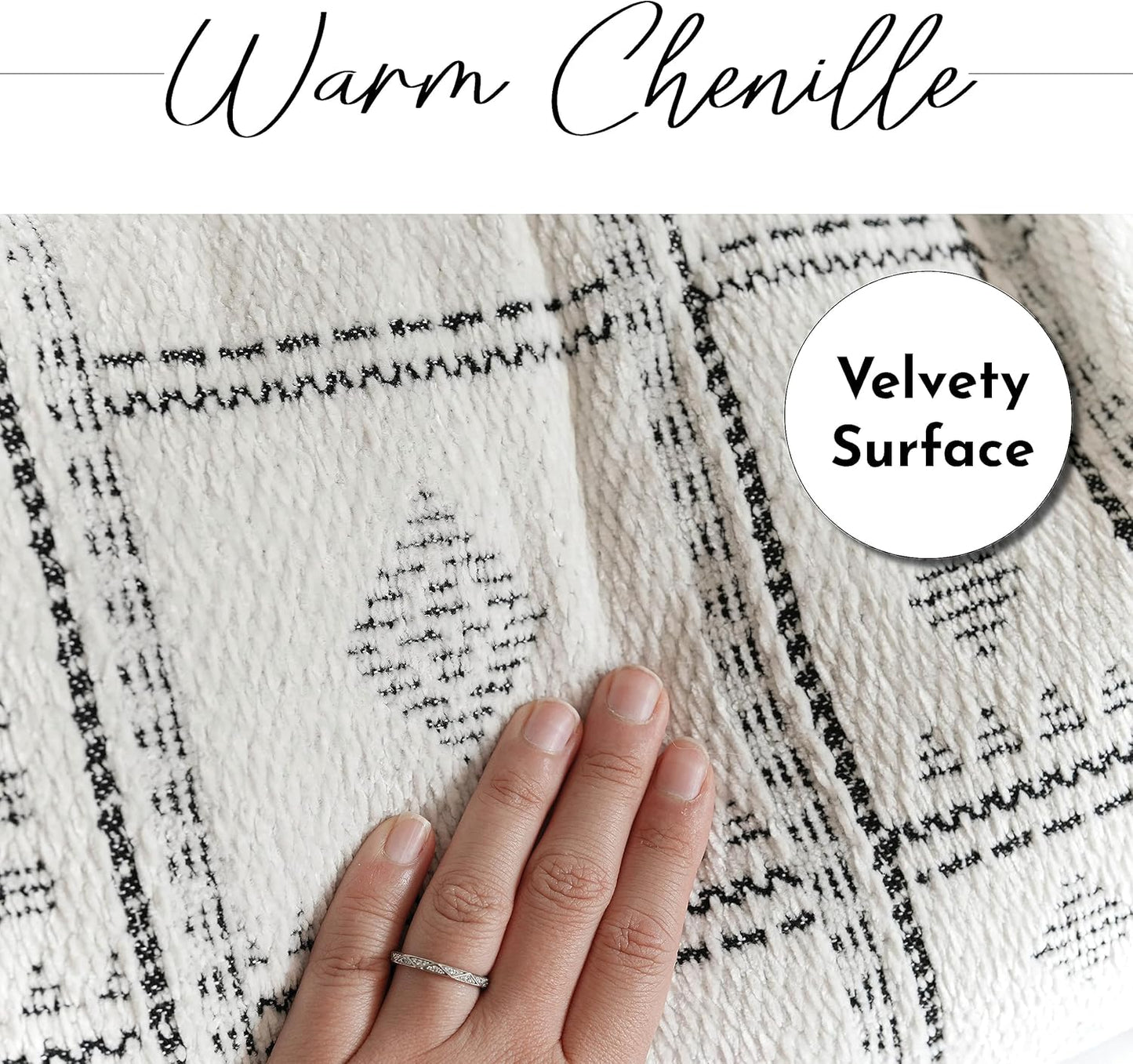 BlissBlush White Black Boho Throw Blanket, Warm Soft Comfy Chenille 55x65, Textured Dual Sided Reversible Blanket for Couch Bed, Skin Friendly