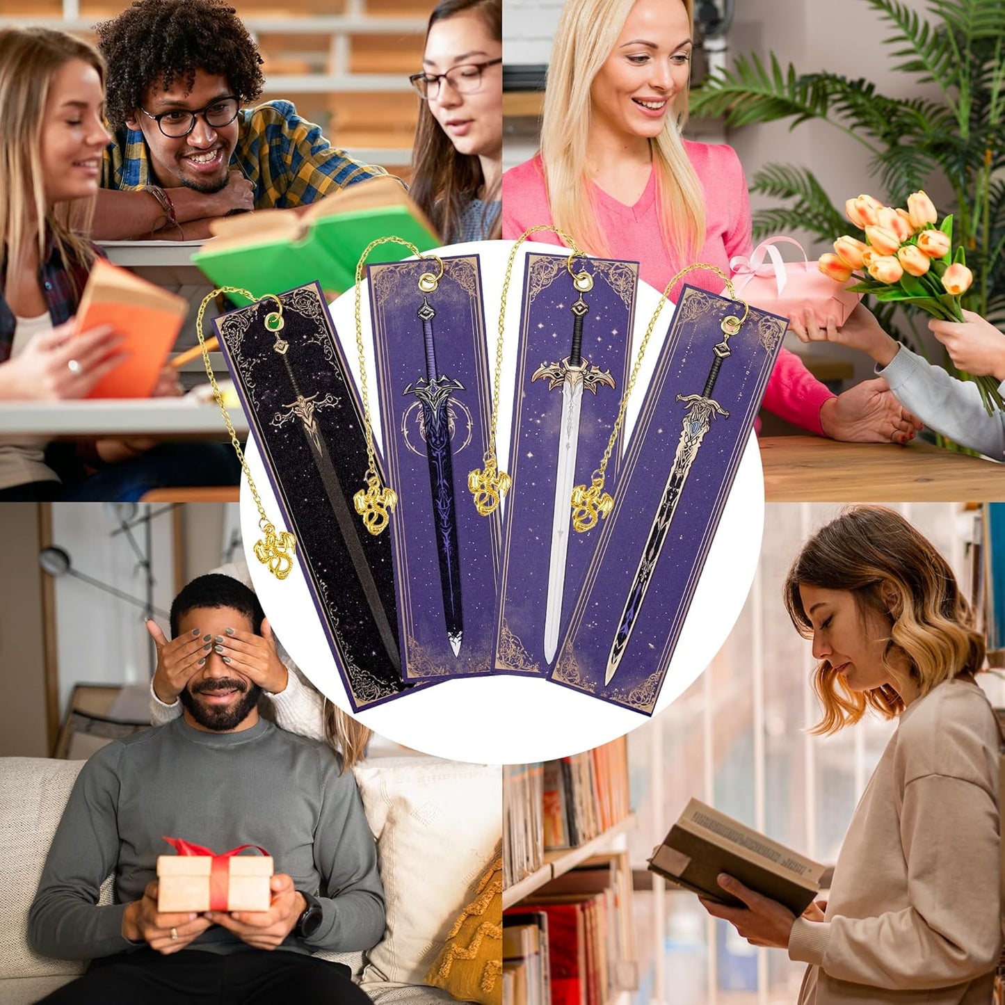 Dragon Sword Bookmark Gifts - 4 Pcs Purple Cool Vintage Bookmarks for Men Reading Lovers Kids Teacher Students Gold Pendant Charm Fantasy Anime Book Marks Office Home Supplies Birthday Gift