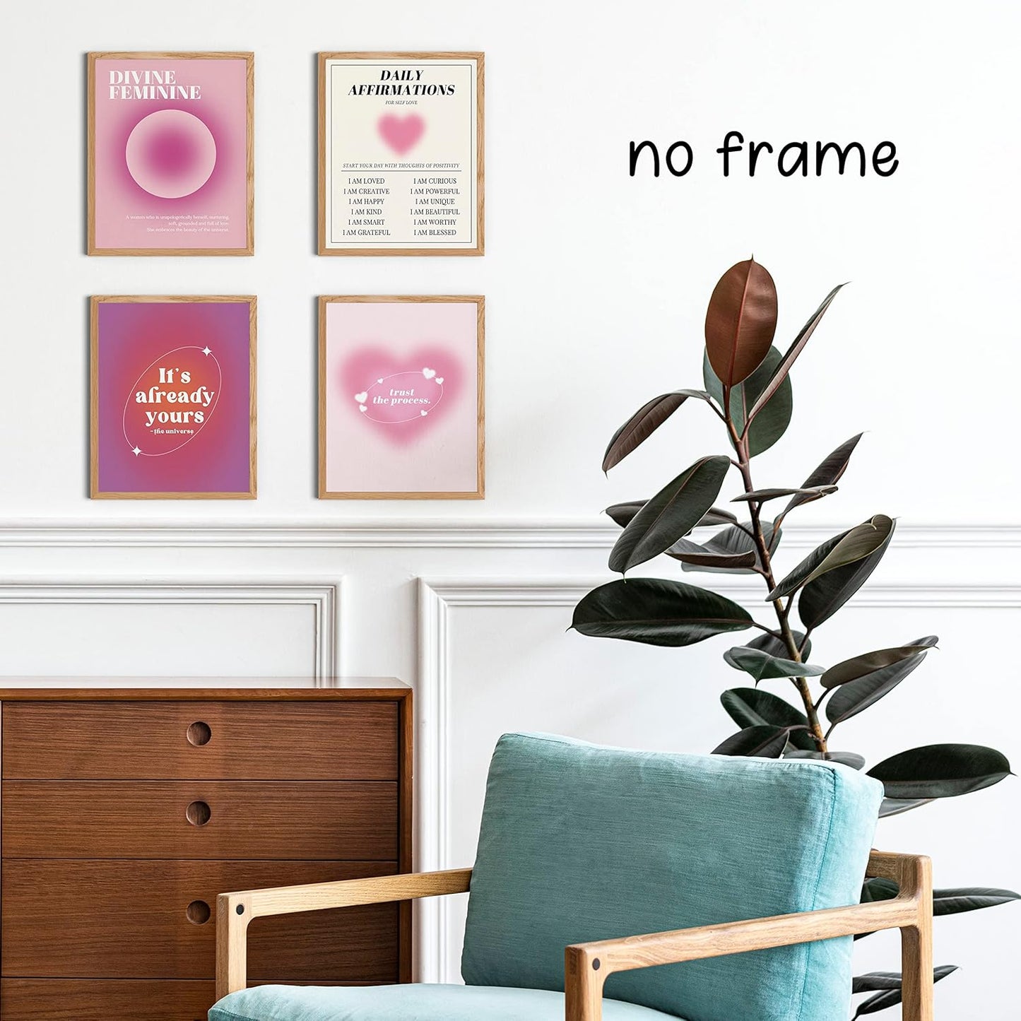 KEUSPI Pink Wall Decor Dorm Daily Affirmations Pink Aesthetic Room Decor Heart Divine Feminine Trust Aura Energy Gradient Wall Art Poster Prints for College Dorm Decor,Spiritual Decorations Posters Unframed 8x10 Set of 4