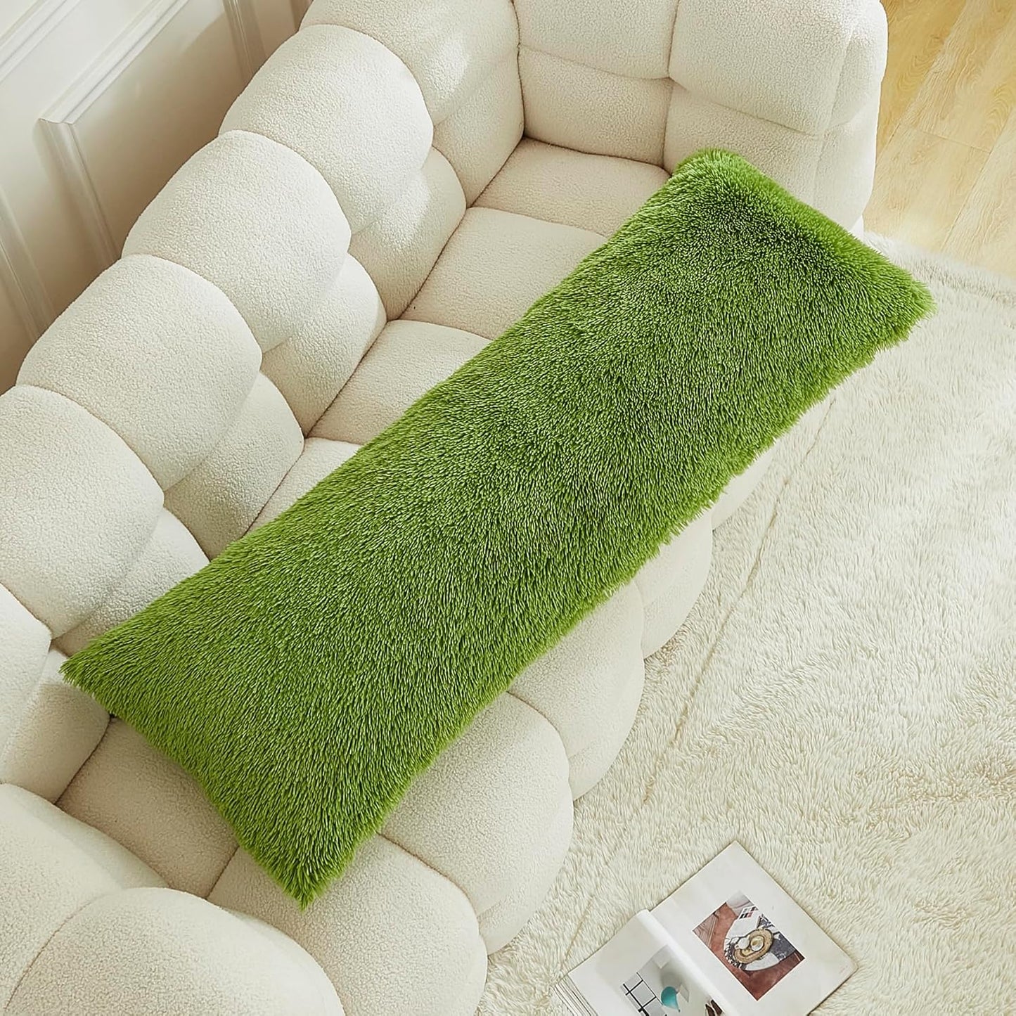 Uhamho Body Pillow Cover Large Fluffy Shaggy Lumbar Full Body Pillowcase 21 x 54 Inches Soft 1 Pack Modern Home Decorative Zipper Closure, Apple Green