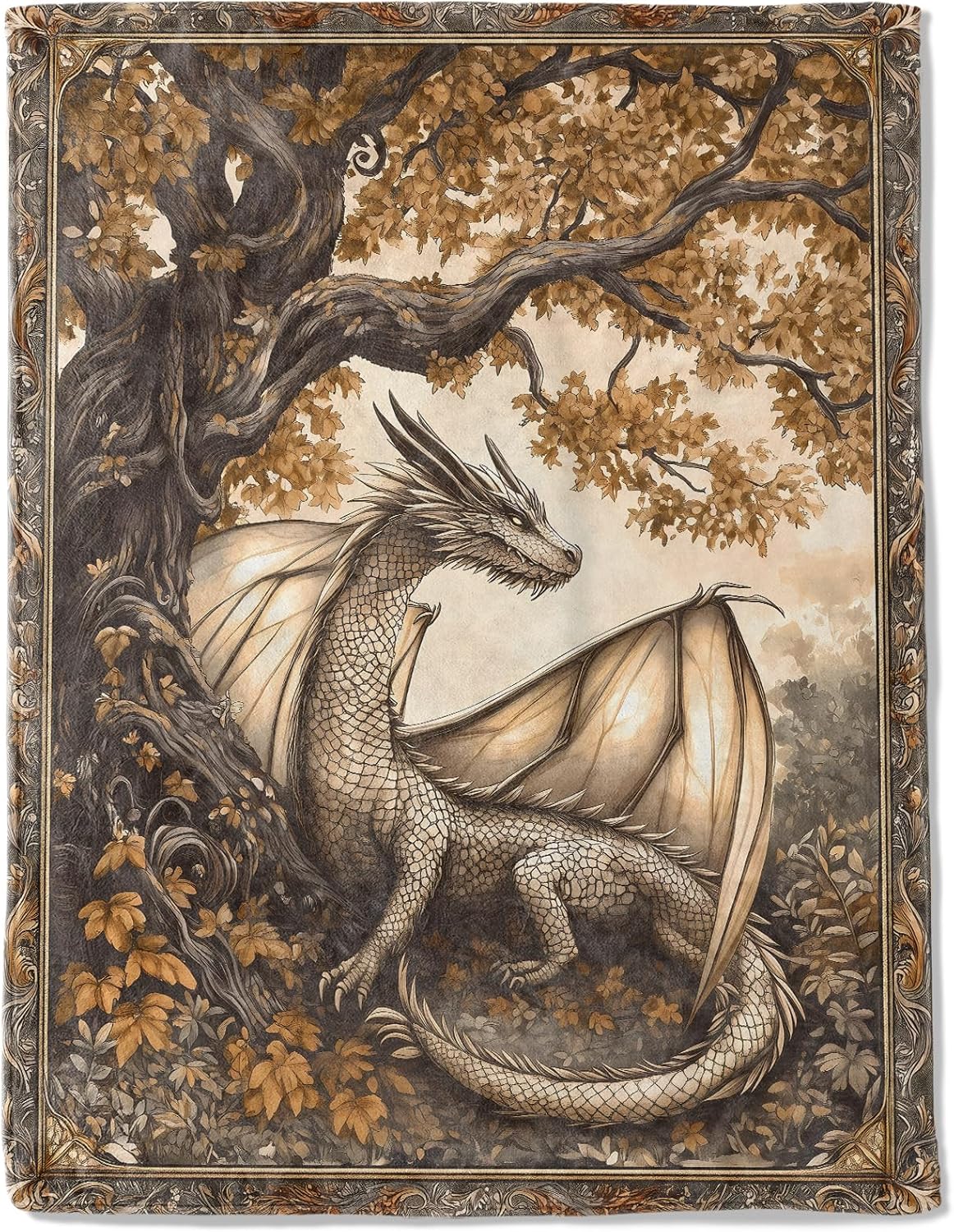 Autumn Dragon Fleece Blanket - Lightweight Soft Cozy Gifts Throw for Fantasy Lovers,Women,Men,Enchanting Tree of Life Blankets,Home Room Modern Artistic Decor 50x60in