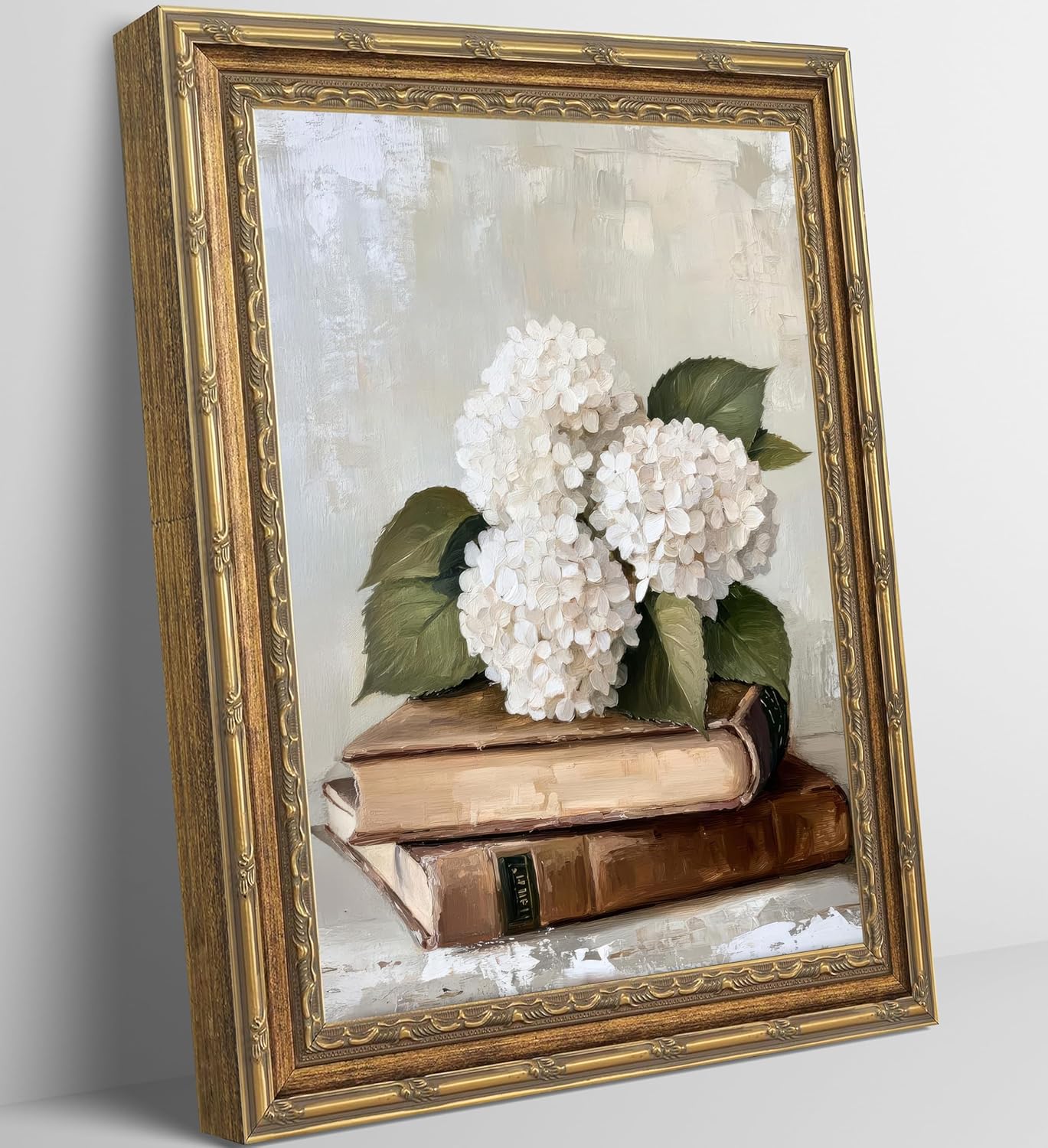 Gold Vintage Framed Floral Book Wall Art Rustic Bookish Hydrangea Painting Picture Wall Decor Elegant Cottage Flowers Poster Print Artwork for Library Reading Room Nook Corner Classroom Home Decoration